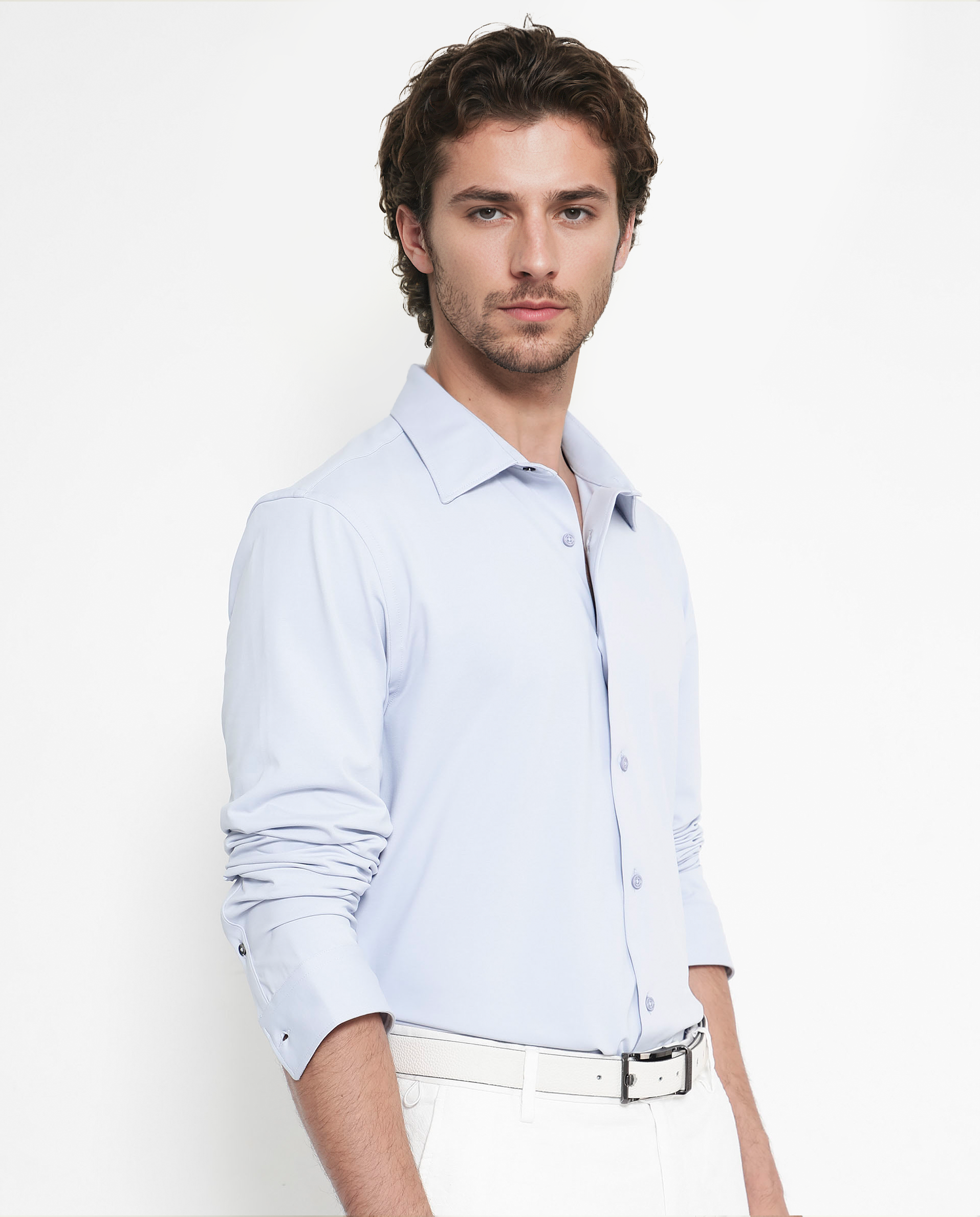 Rare Rabbit Men's Flyknit Pastel Blue Cotton Polyester Fabric Full Sleeves Knitted Solid Shirt