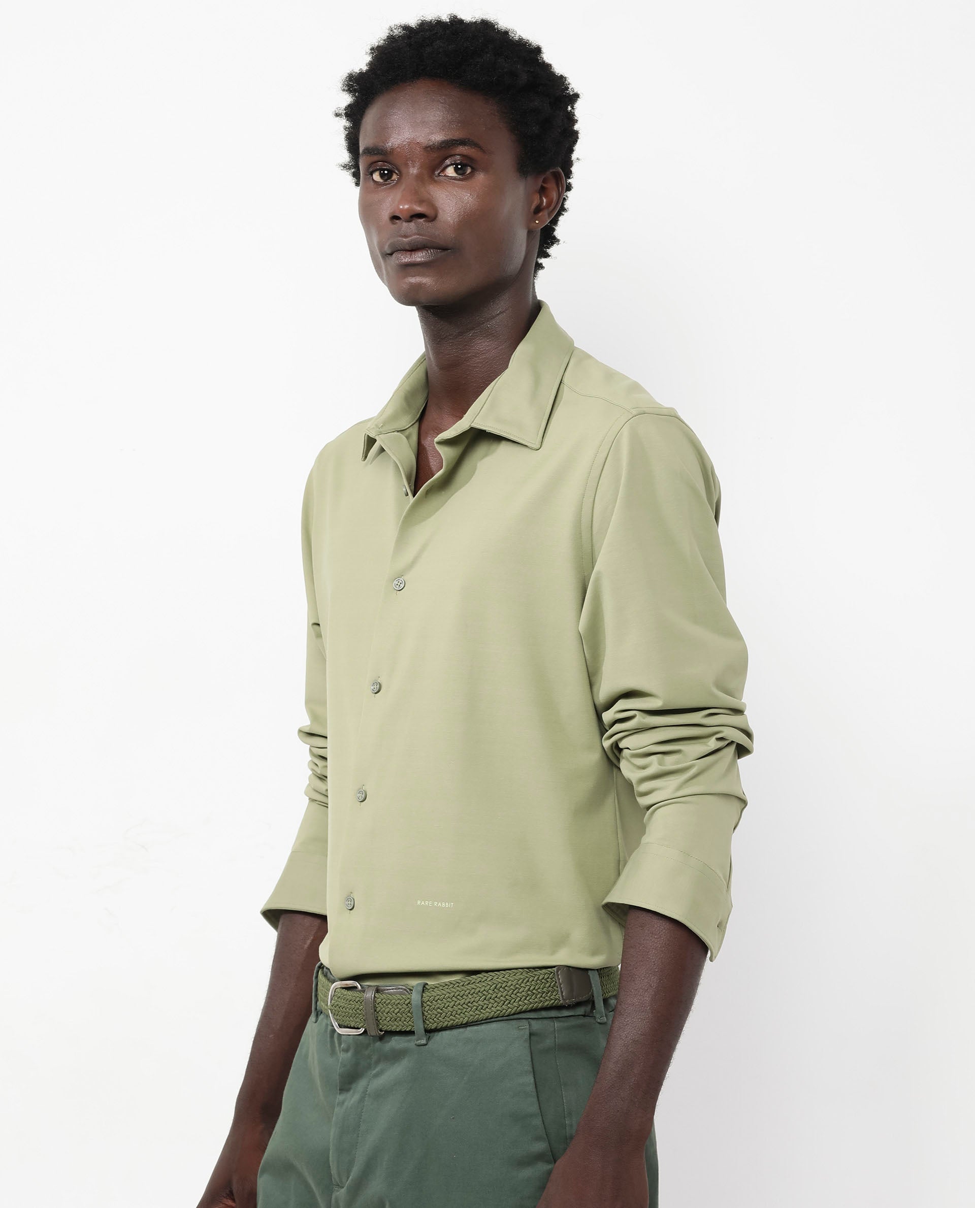 Rare Rabbit Men's Flyknit Pastel Green Cotton Polyester Fabric Full Sleeves Knitted Solid Shirt