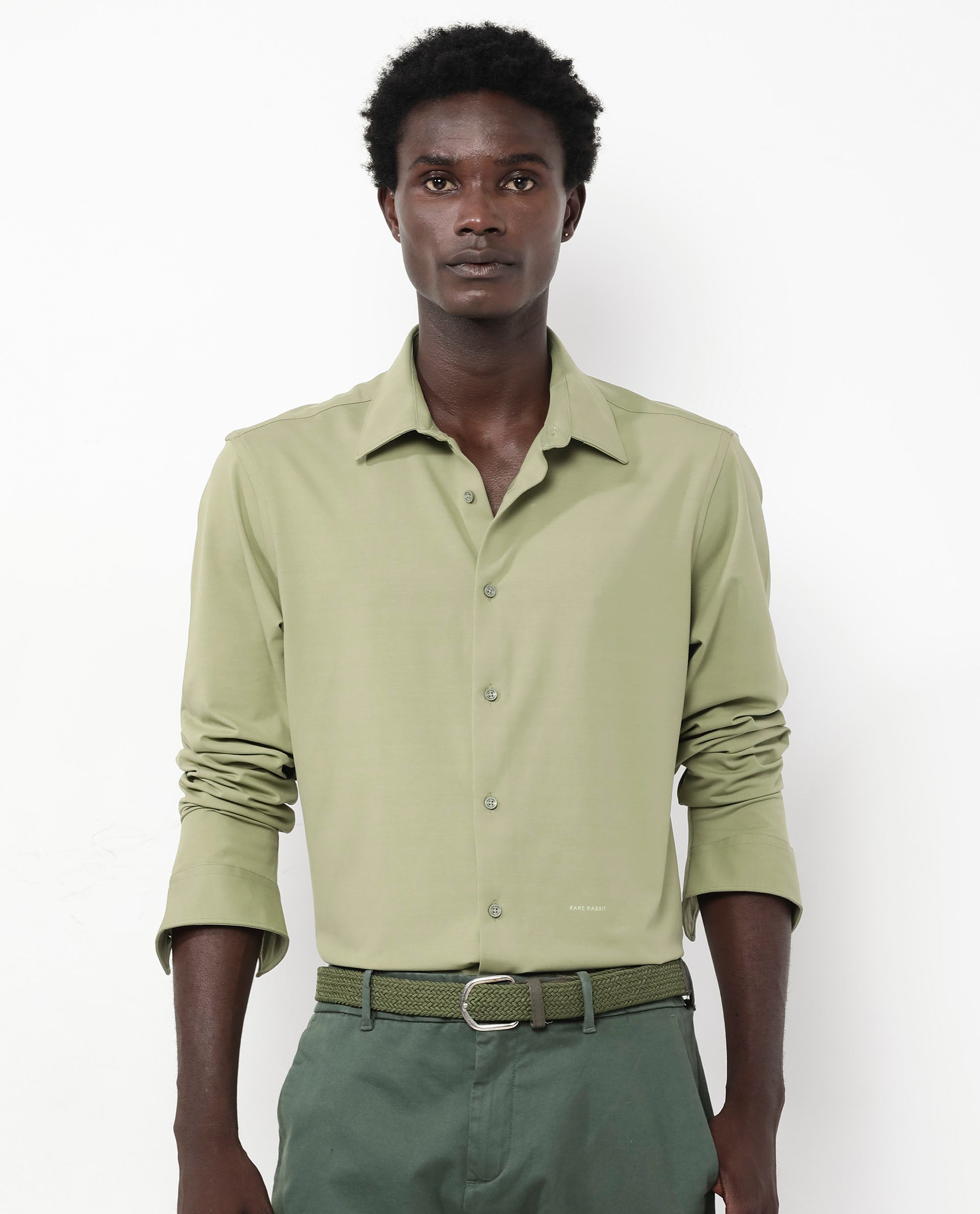 Rare Rabbit Men's Flyknit Pastel Green Cotton Polyester Fabric Full Sleeves Knitted Solid Shirt