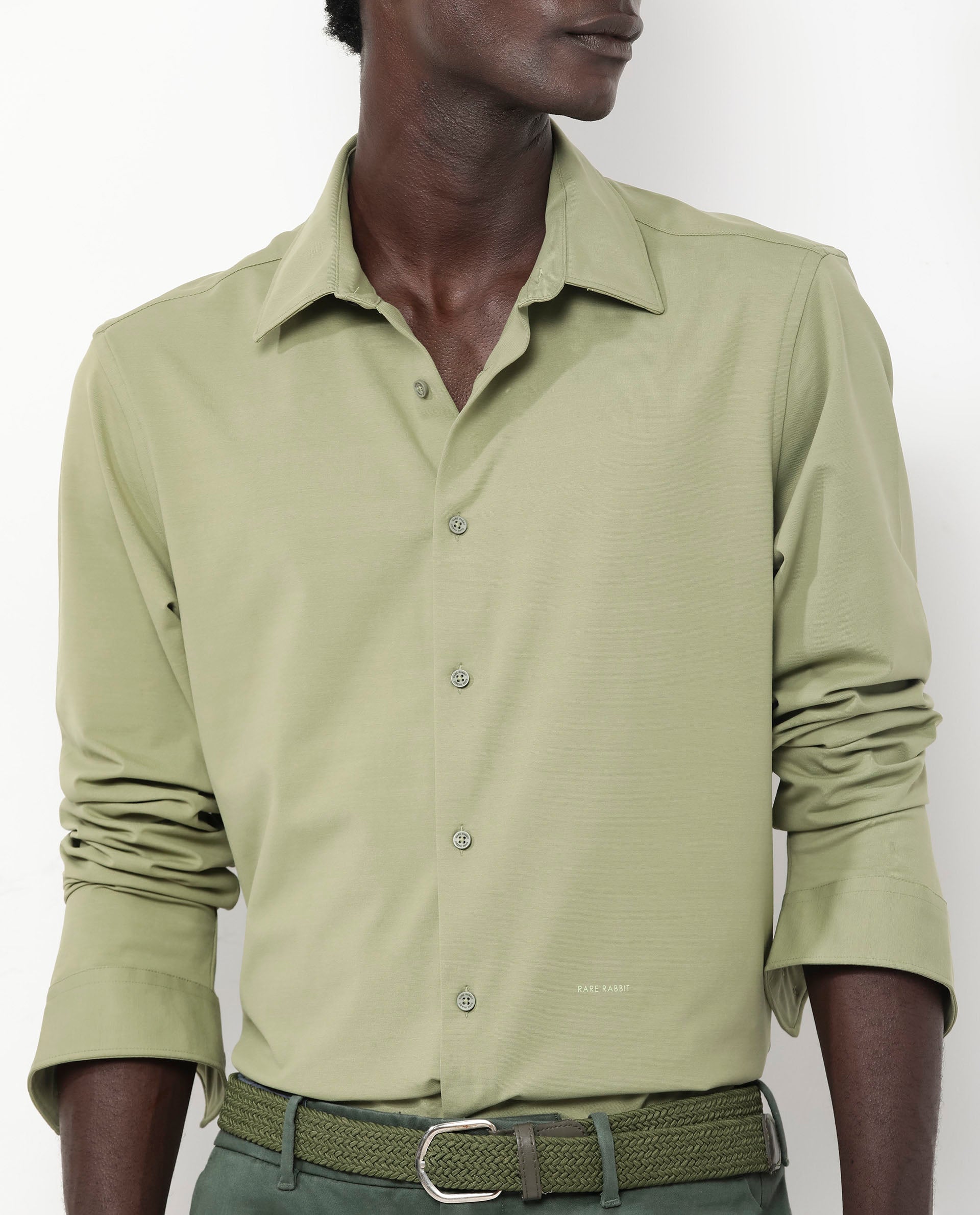 Rare Rabbit Men's Flyknit Pastel Green Cotton Polyester Fabric Full Sleeves Knitted Solid Shirt