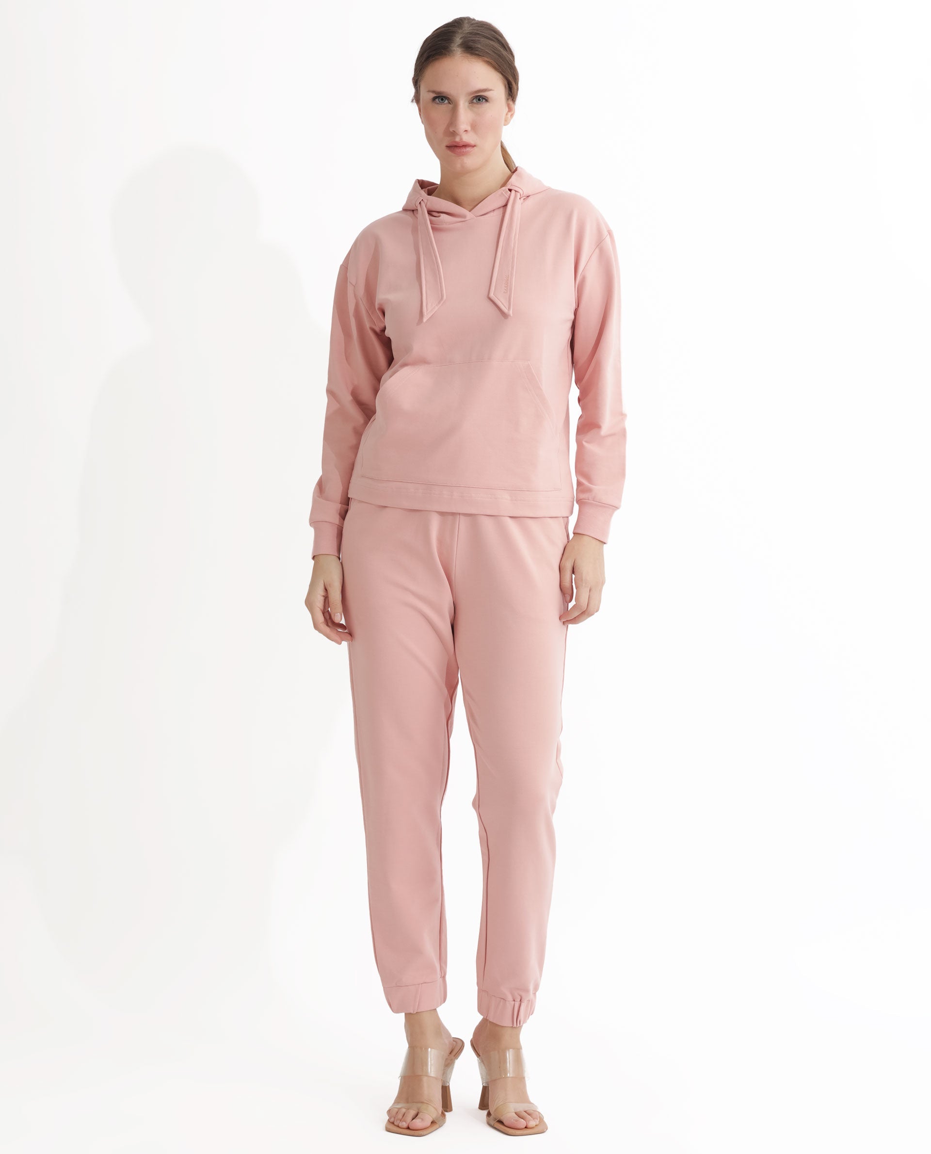 Rareism Women Flynn Light Orange Cotton Lycra Fabric Regular Fit Full Sleeves Solid Hooded Sweatshirt