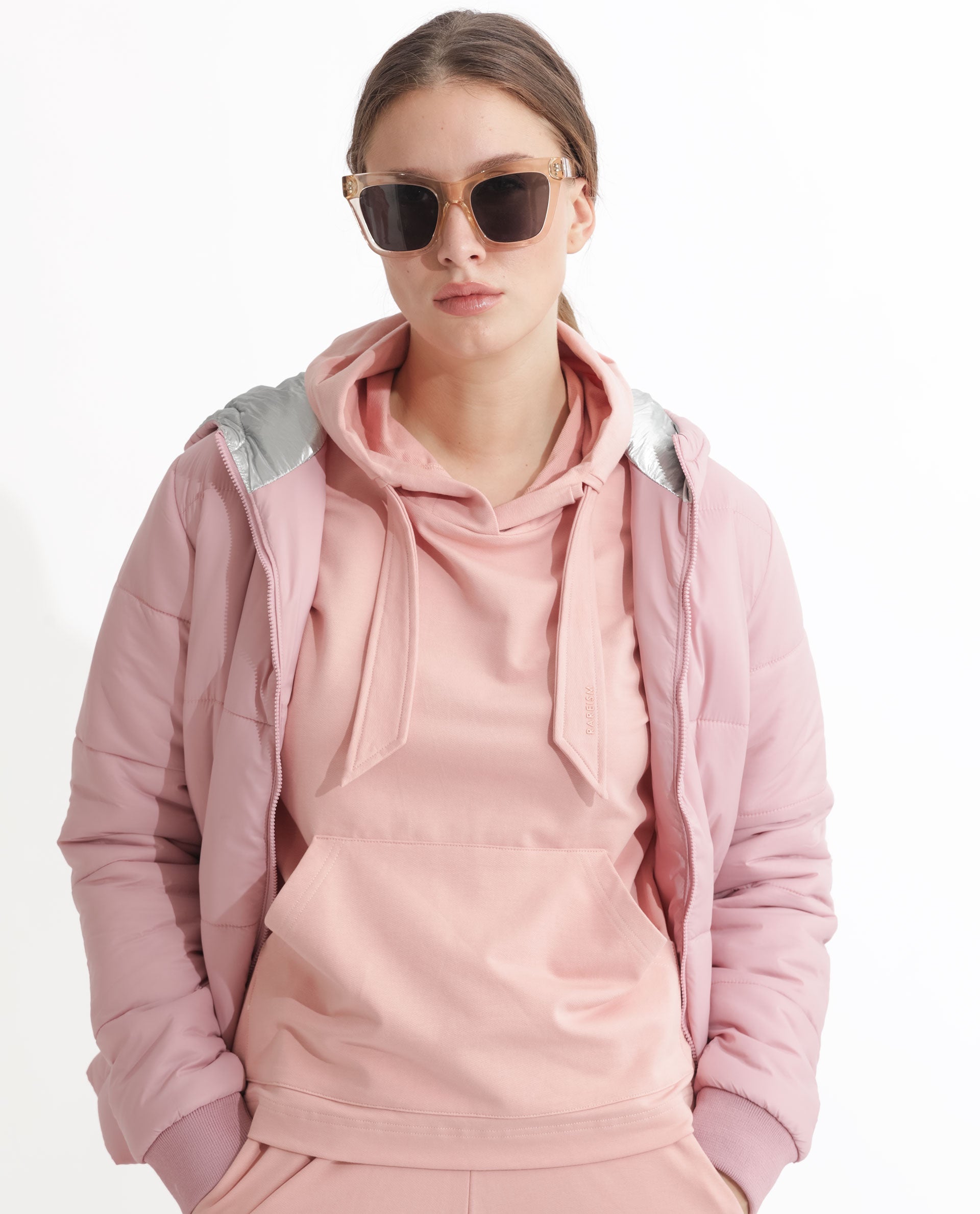 Rareism Women Flynn Light Orange Cotton Lycra Fabric Regular Fit Full Sleeves Solid Hooded Sweatshirt