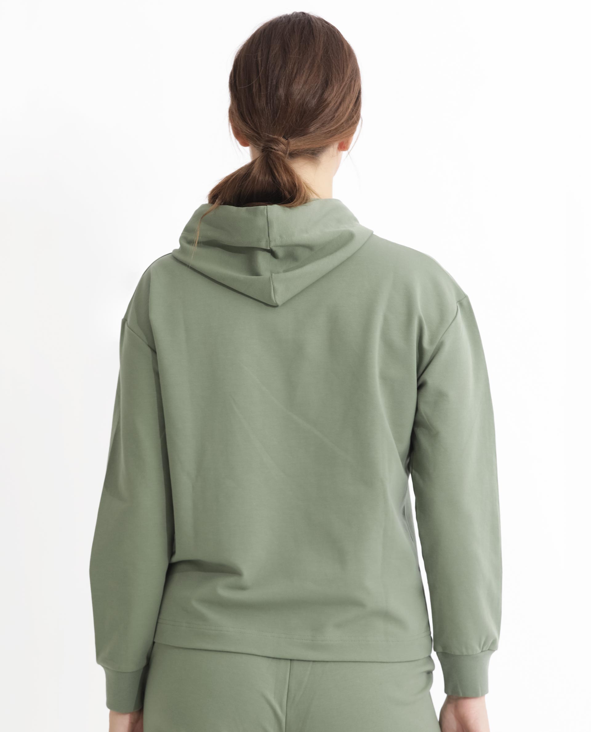 Rareism Women Flynn Dusky Green Cotton Lycra Fabric Regular Fit Full Sleeves Solid Hooded Sweatshirt