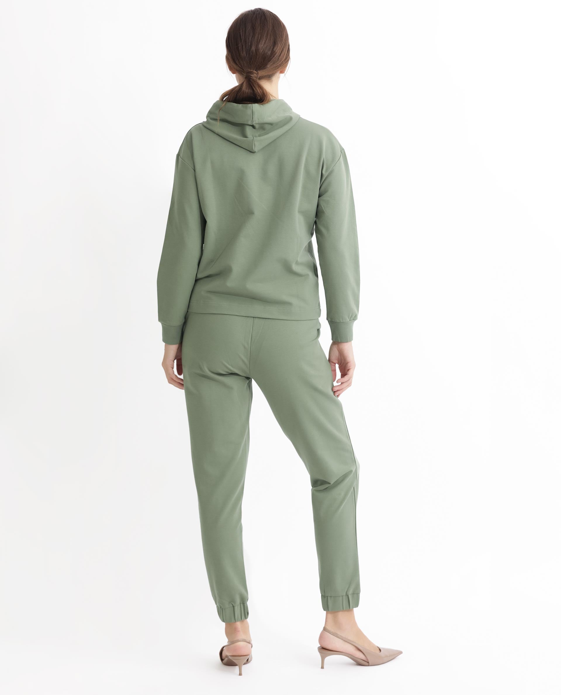 Rareism Women Flynn Dusky Green Cotton Lycra Fabric Regular Fit Full Sleeves Solid Hooded Sweatshirt