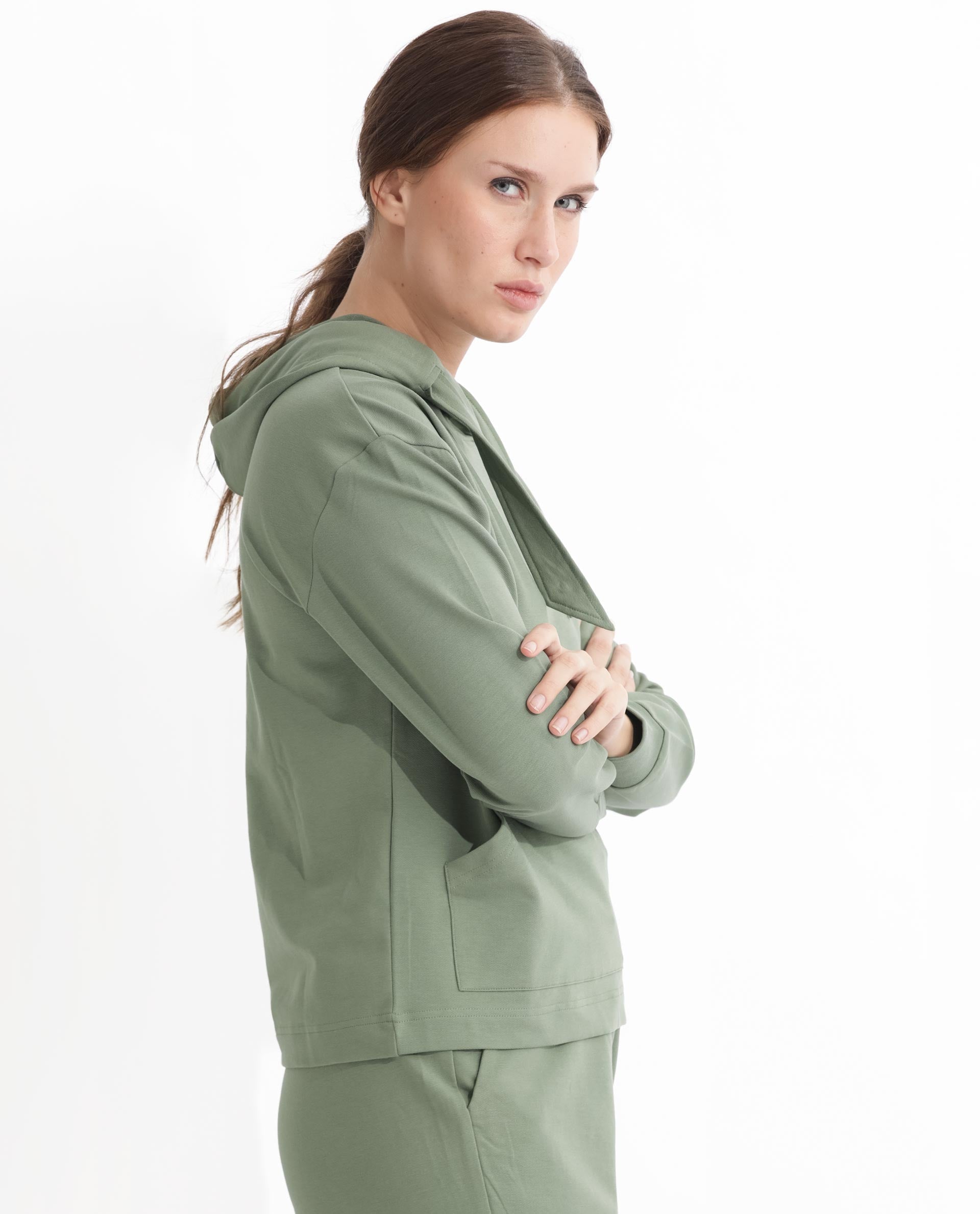 Rareism Women Flynn Dusky Green Cotton Lycra Fabric Regular Fit Full Sleeves Solid Hooded Sweatshirt