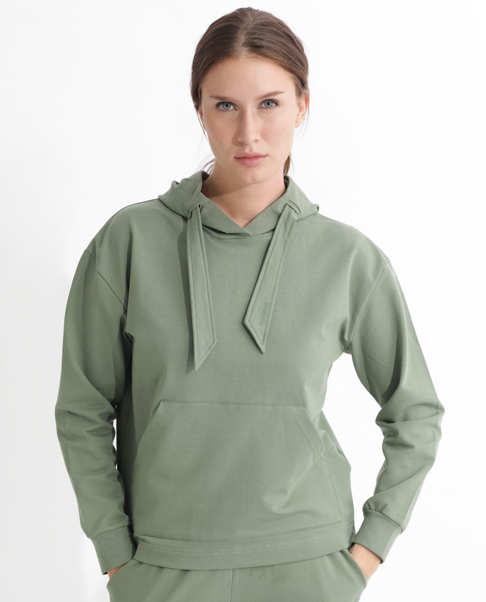 Rareism Women Flynn Dusky Green Cotton Lycra Fabric Regular Fit Full Sleeves Solid Hooded Sweatshirt