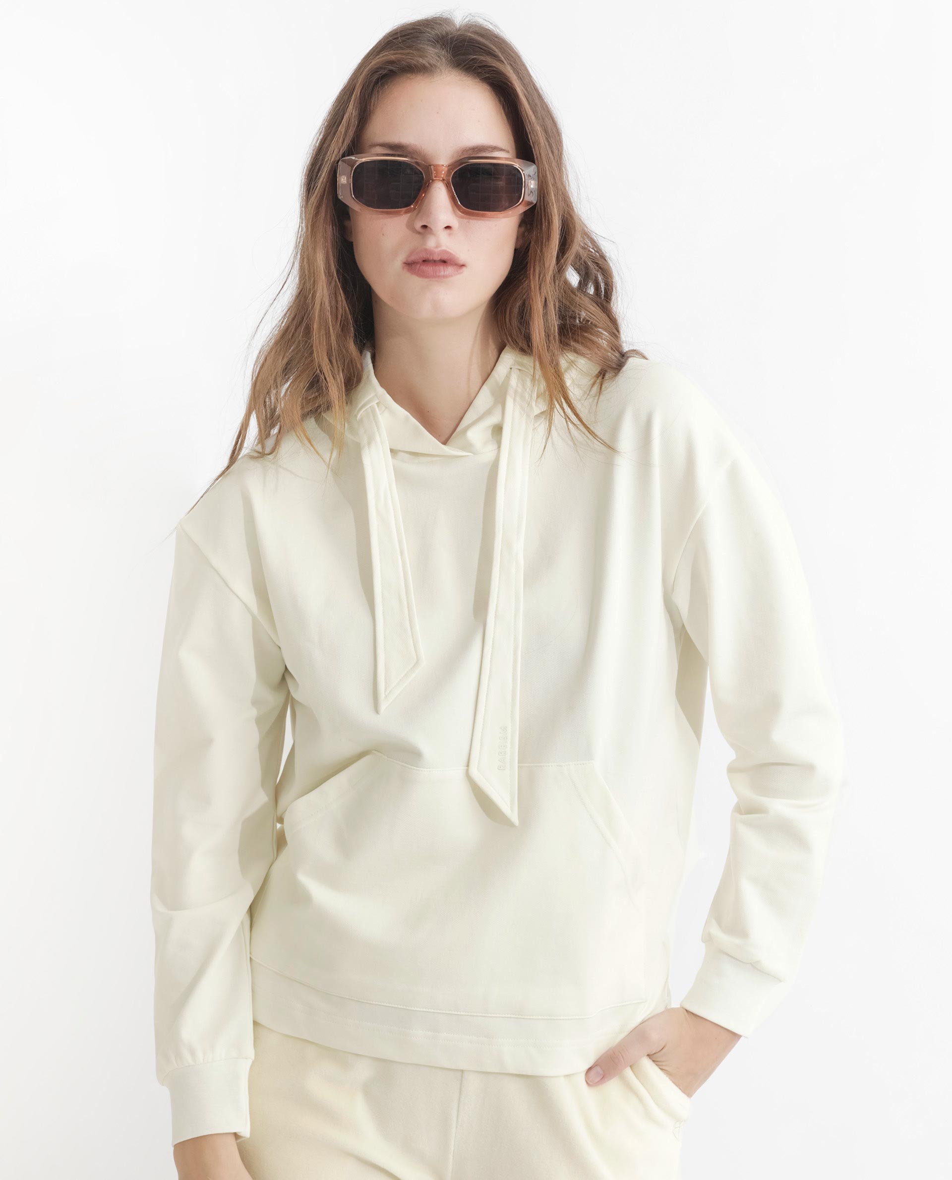 Rareism Women's Flynn Off White Cotton Blend Hooded Plain Regular Fit Sweatshirt