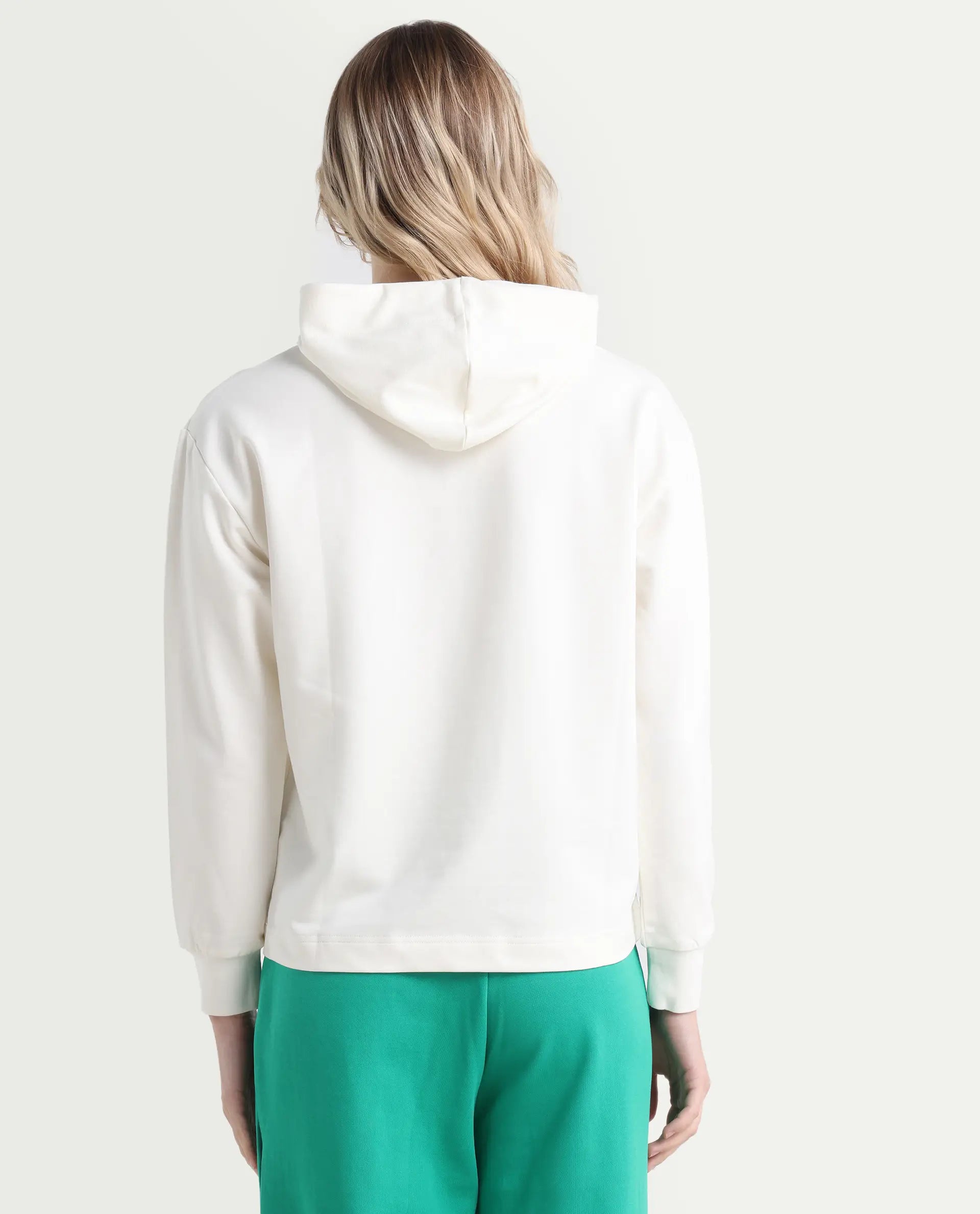 Rareism Women's Flynn Off White Cotton Blend Hooded Plain Regular Fit Sweatshirt