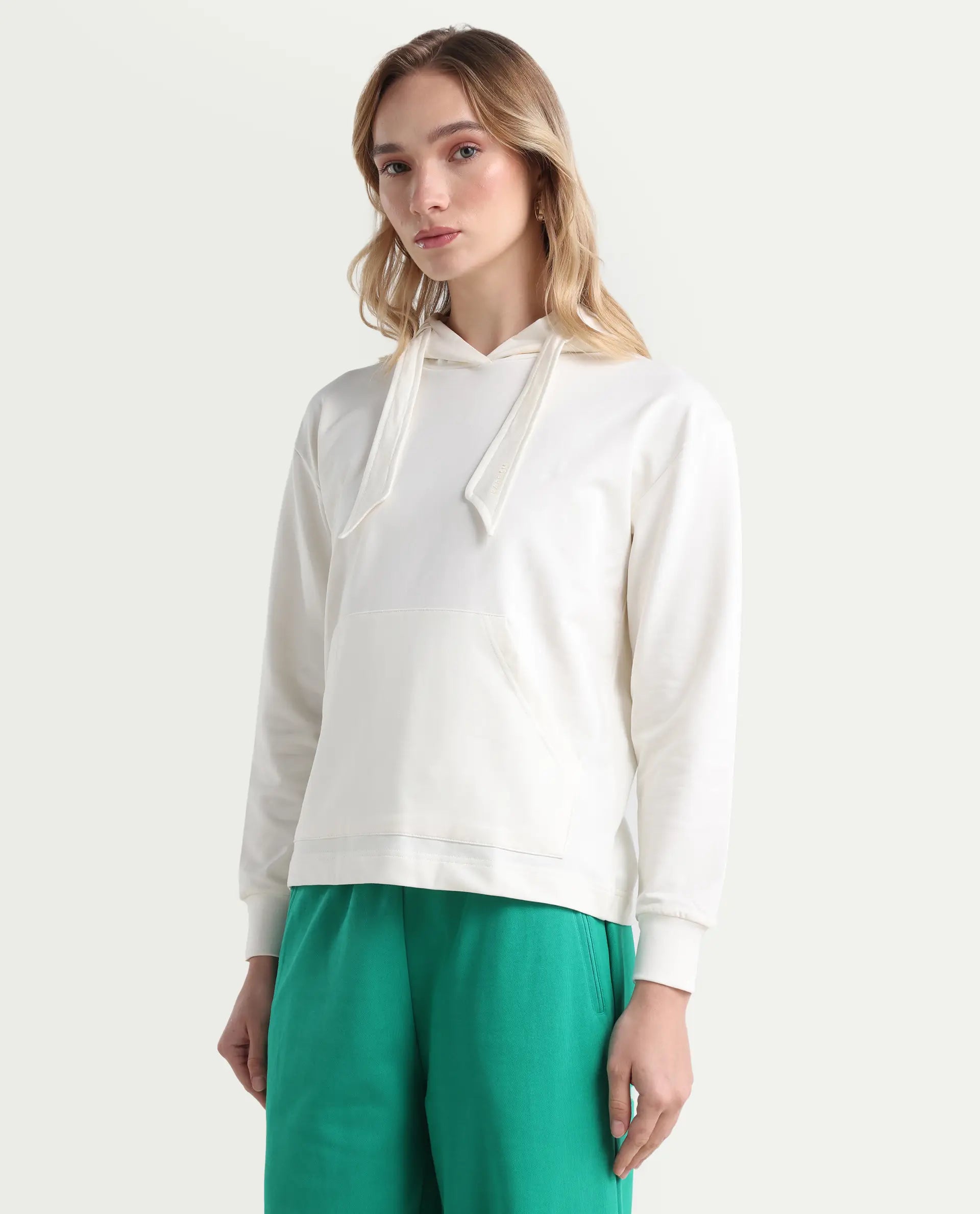Rareism Women's Flynn Off White Cotton Blend Hooded Plain Regular Fit Sweatshirt