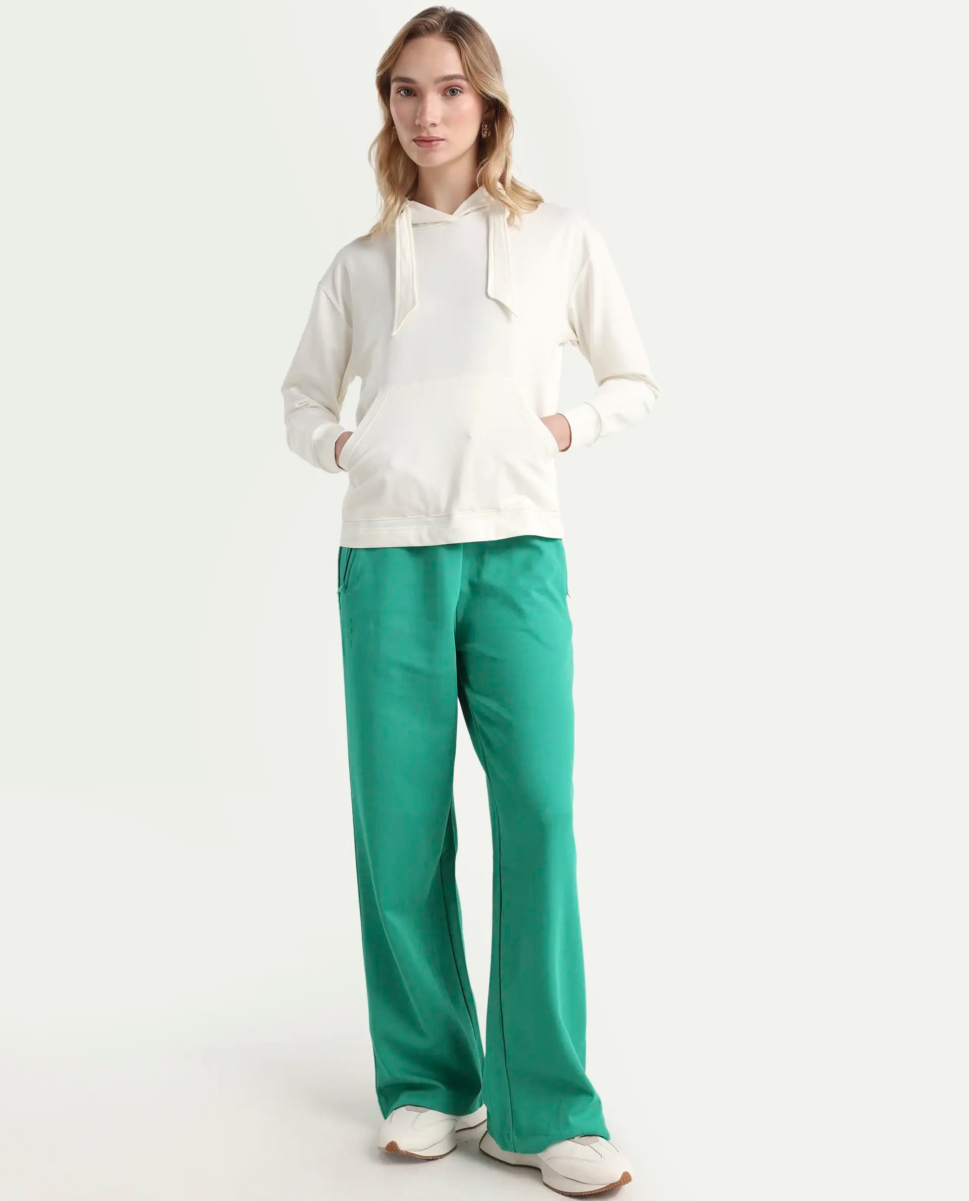 Rareism Women's Flynn Off White Cotton Blend Hooded Plain Regular Fit Sweatshirt