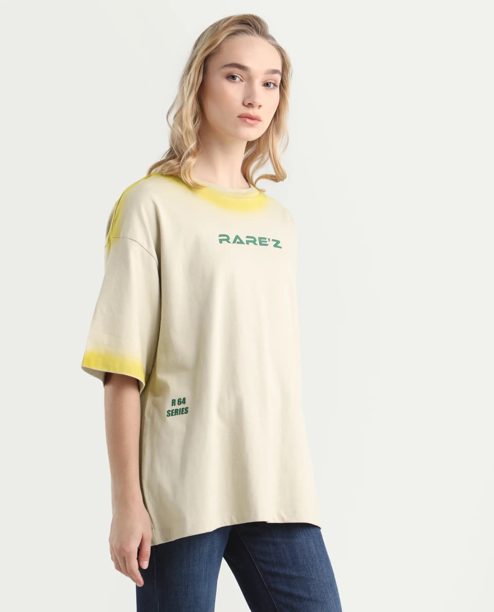 Rareism Women's Foakoe Beige Cotton Graphic Print Oversized T-Shirt