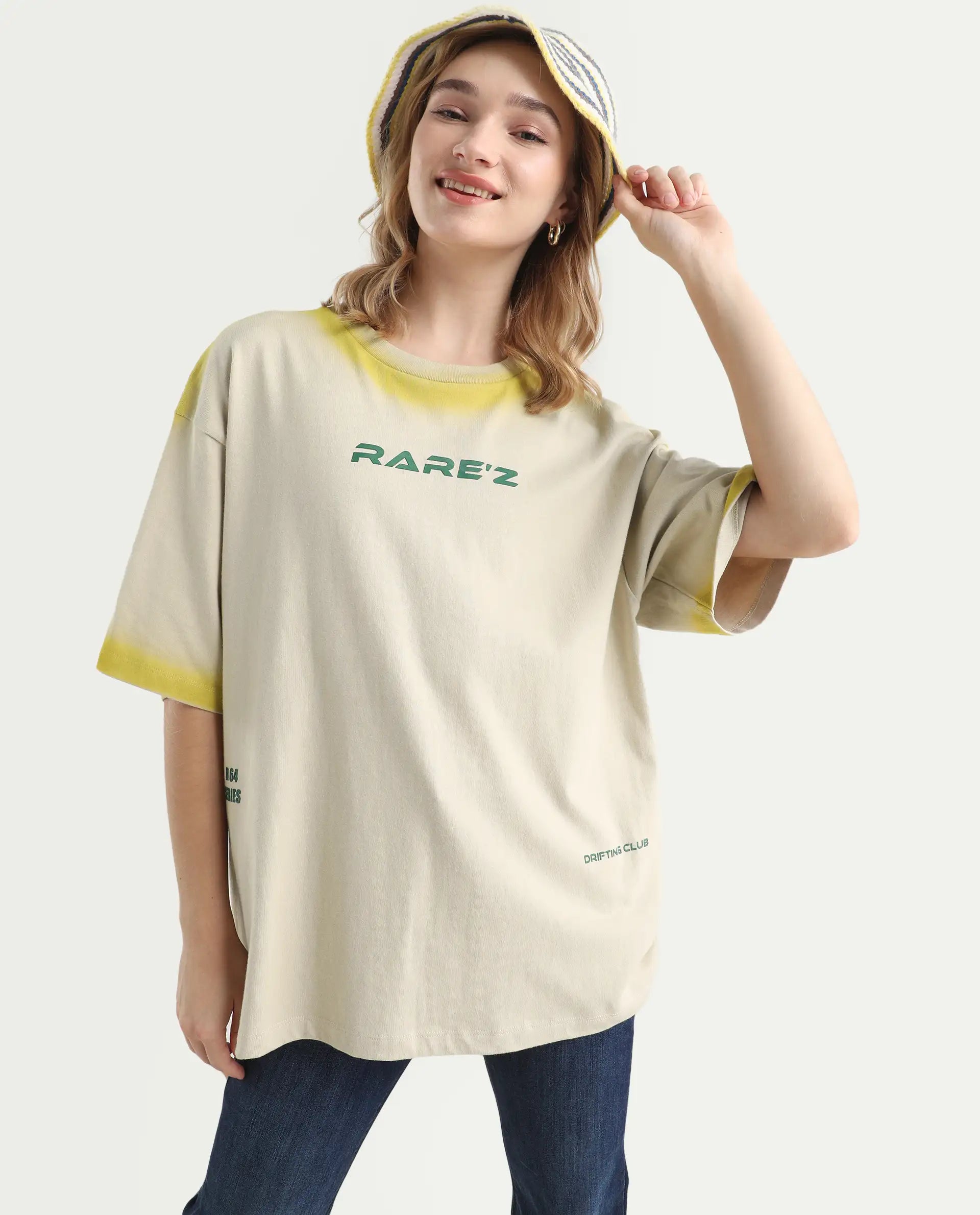 Rareism Women's Foakoe Beige Cotton Graphic Print Oversized T-Shirt