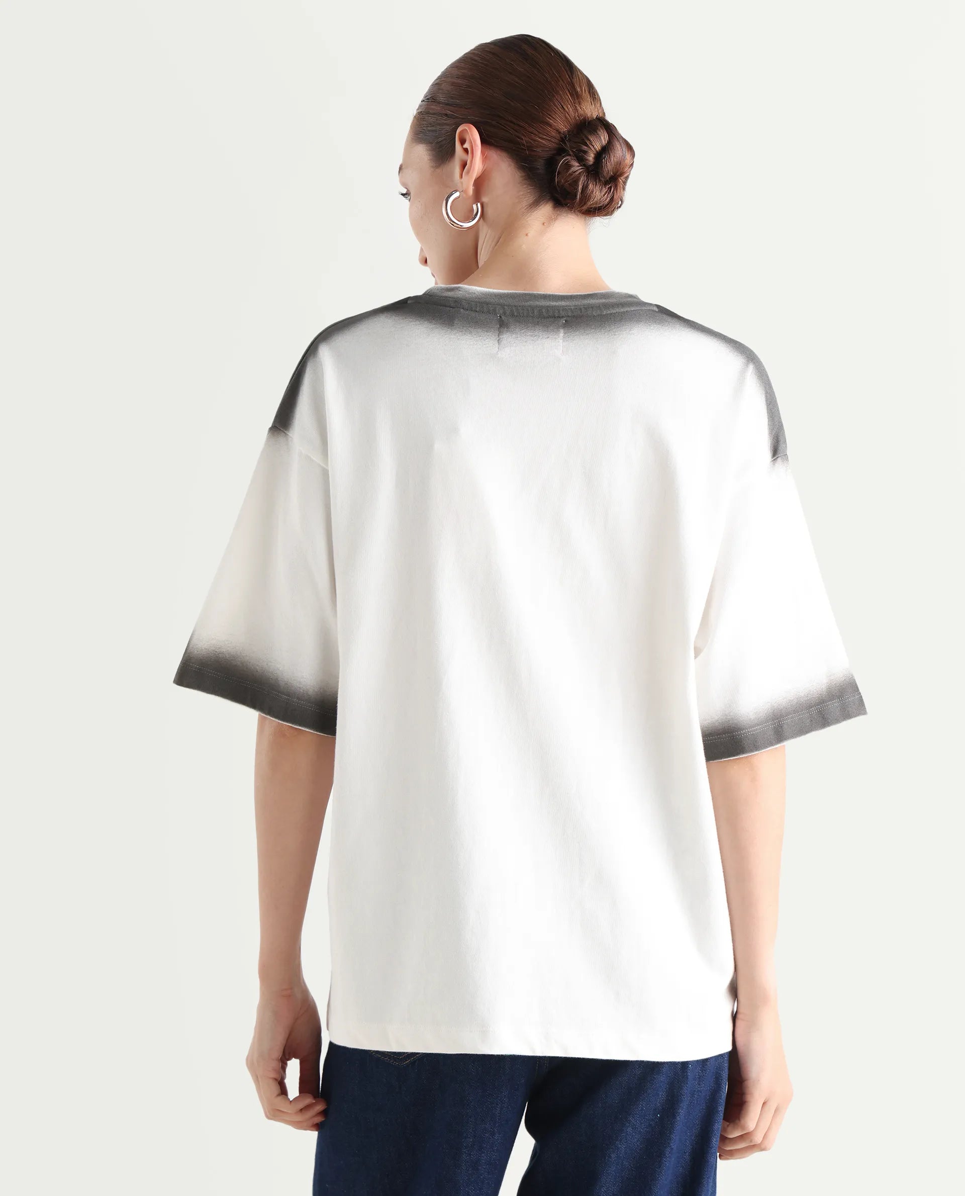 Rareism Women's Foakoe Off White Cotton Graphic Print Oversized T-Shirt