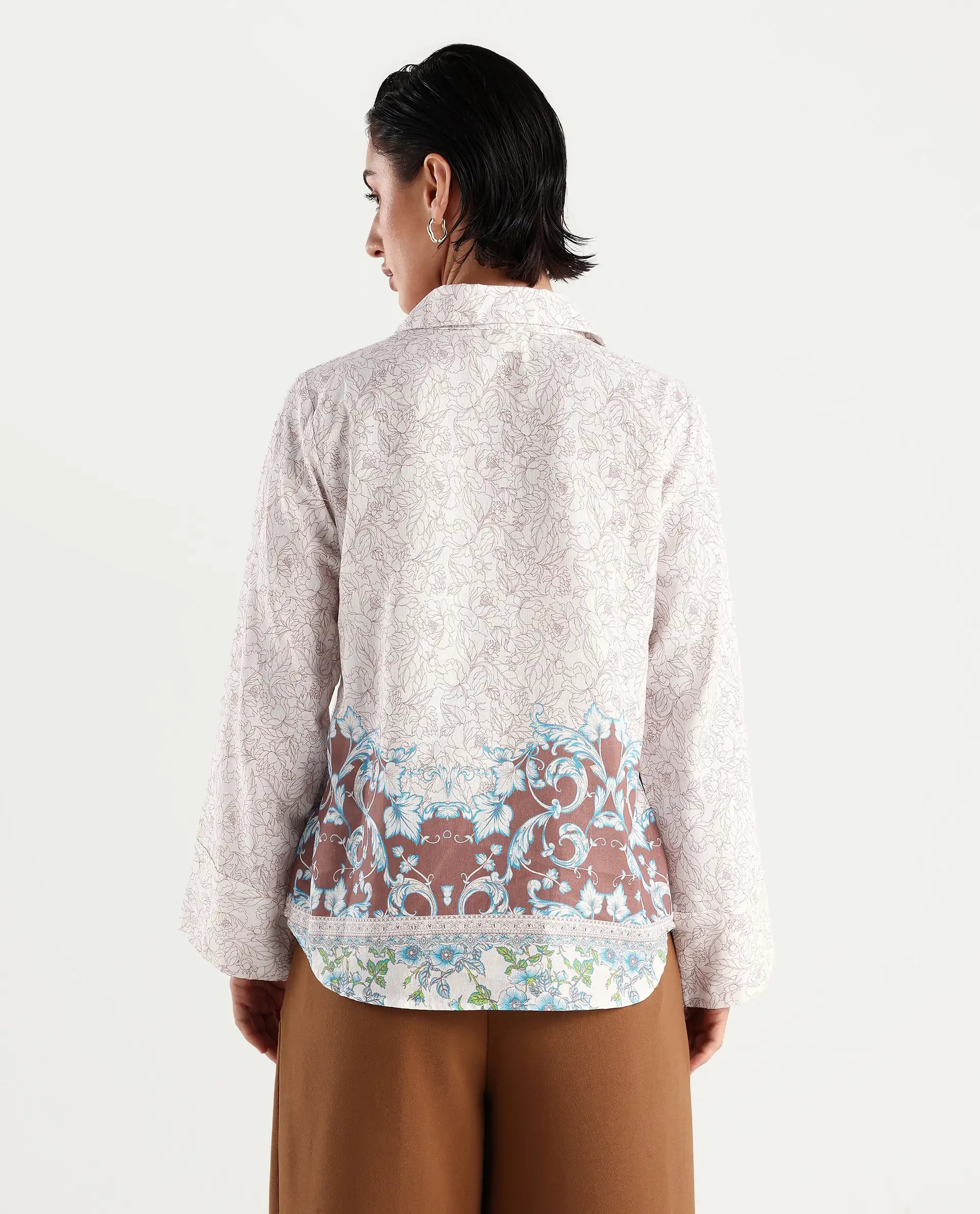 Rareism Women's Fofianie Light Brown Cotton Blend Drop Collar Abstract Print Bell Sleeve Regular Fit Top