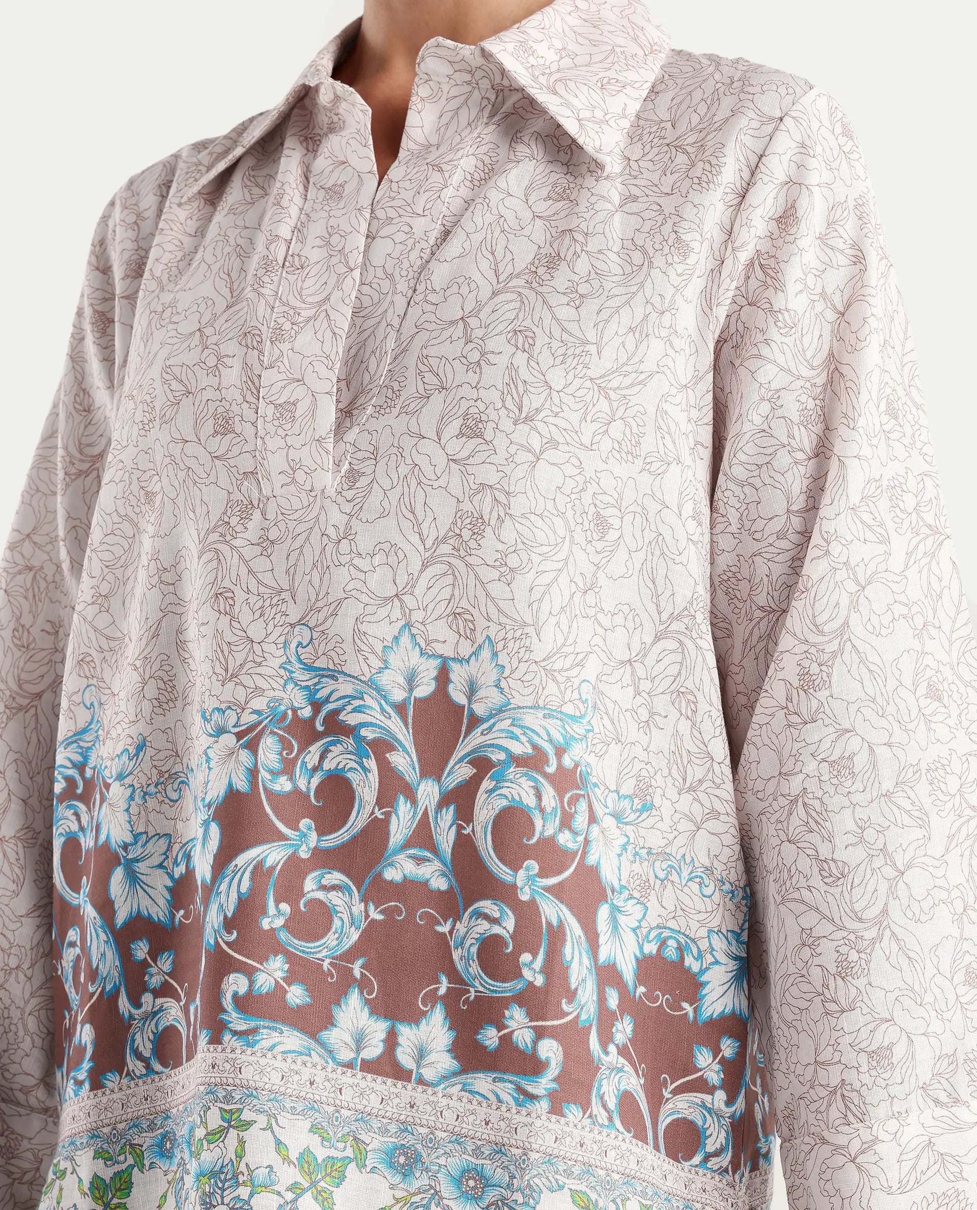 Rareism Women's Fofianie Light Brown Cotton Blend Drop Collar Abstract Print Bell Sleeve Regular Fit Top