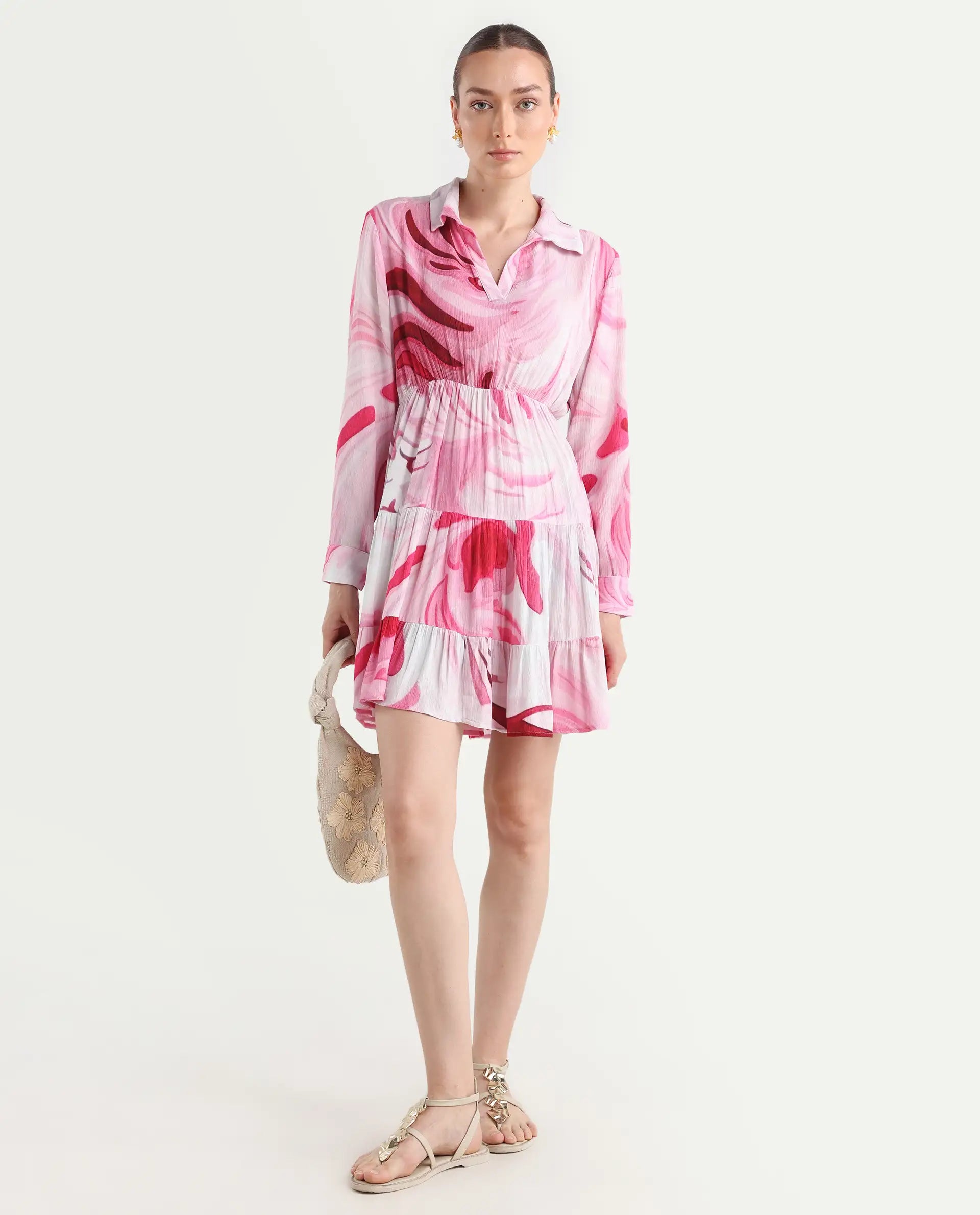 Rareism Women's Foggia Multi Rayon Spread Collar Floral Print Mini Fit And Flare Dress