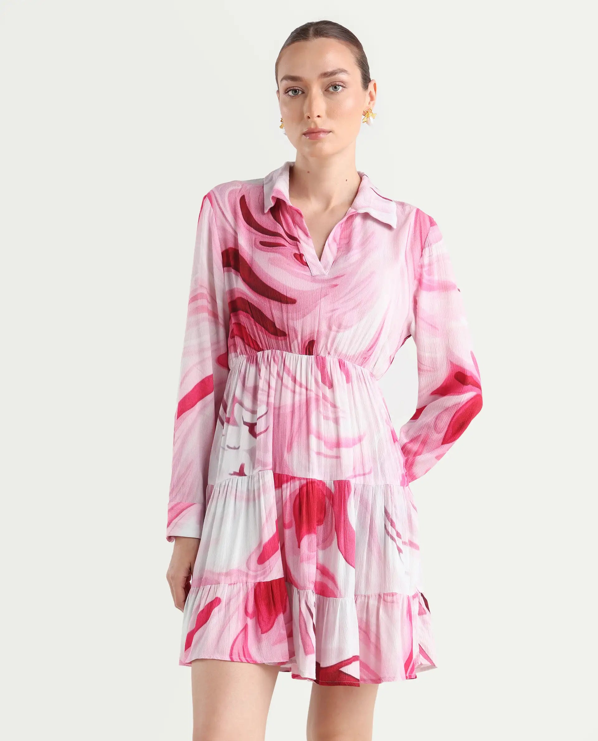 Rareism Women's Foggia Multi Rayon Spread Collar Floral Print Mini Fit And Flare Dress