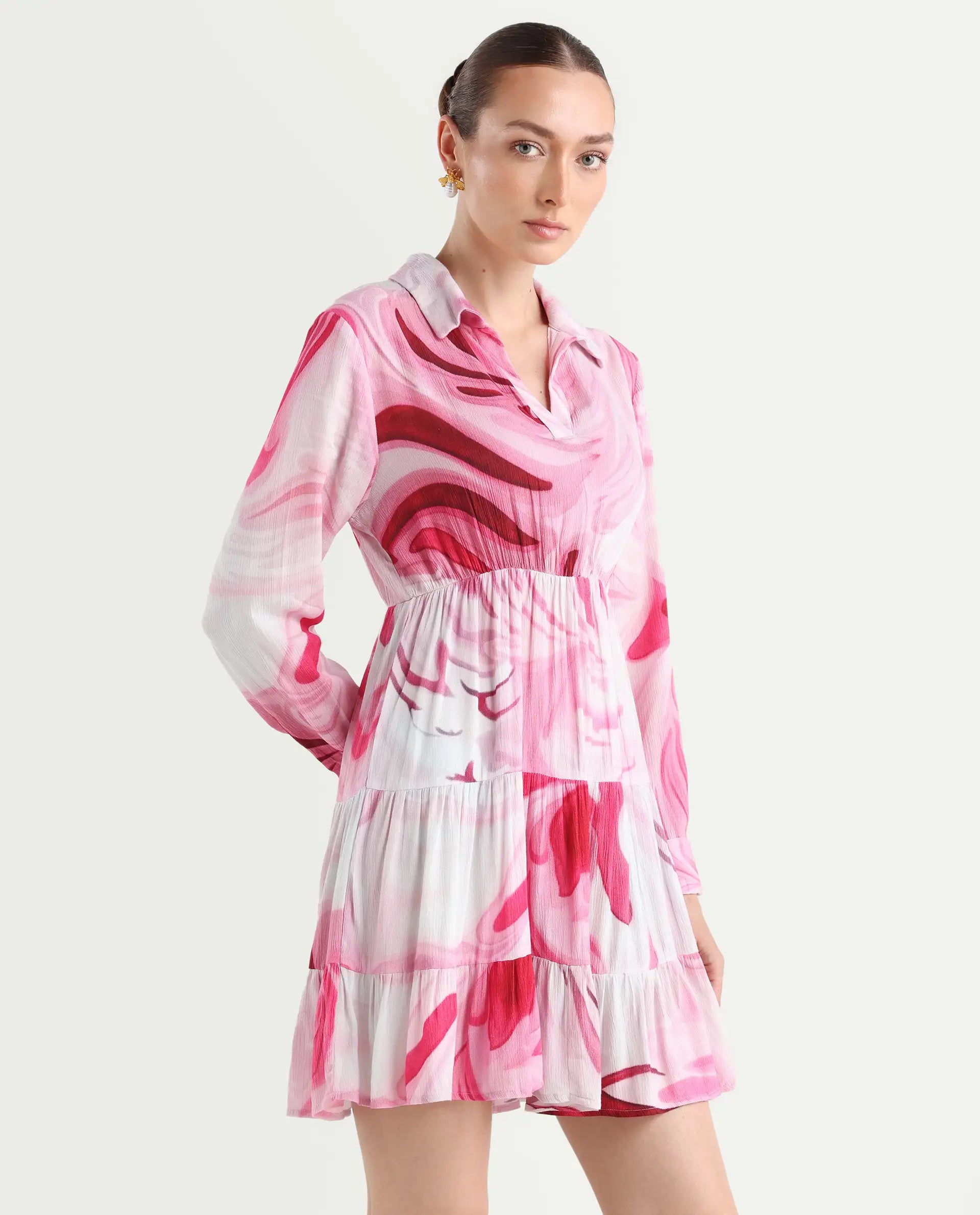 Rareism Women's Foggia Multi Rayon Spread Collar Floral Print Mini Fit And Flare Dress