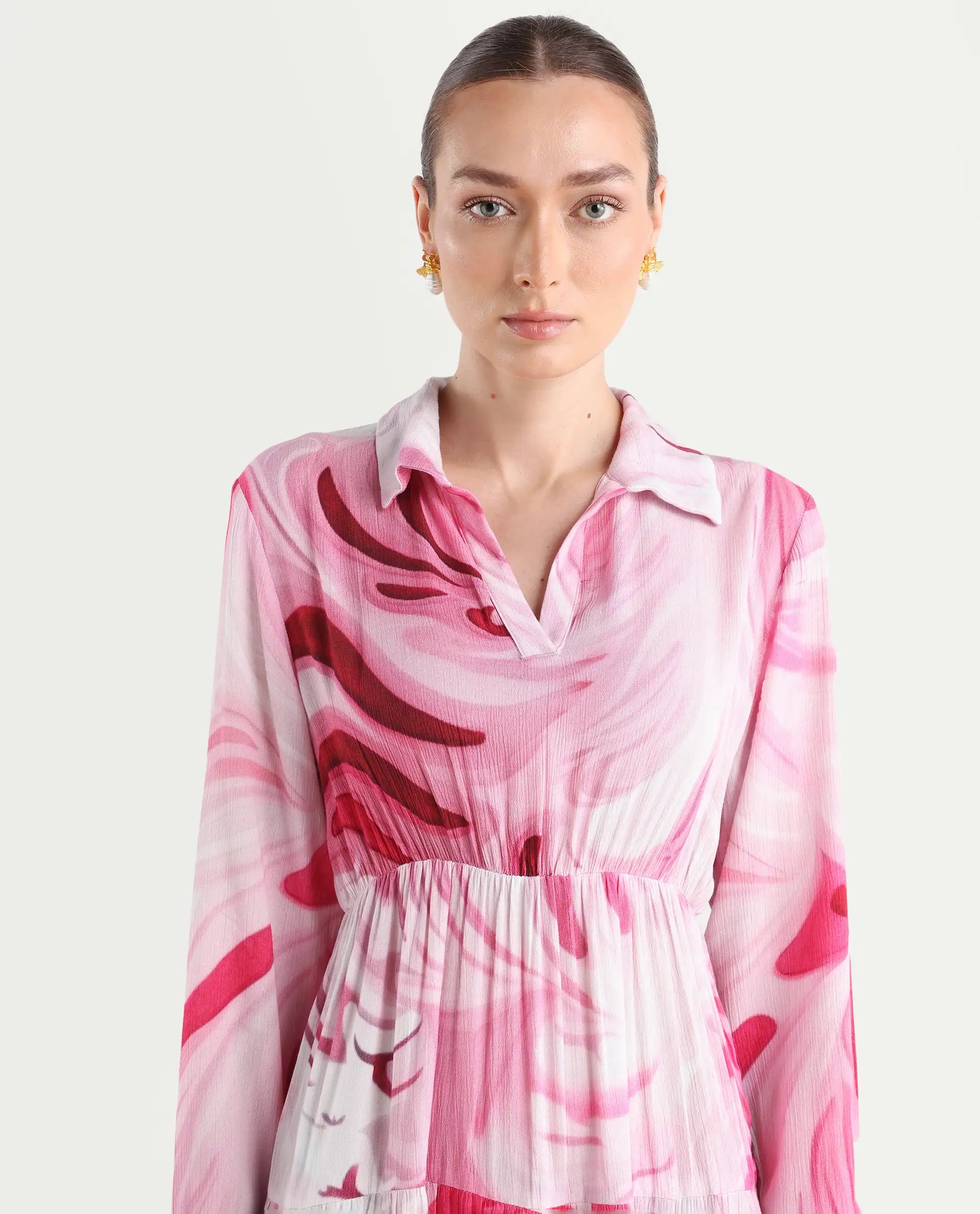 Rareism Women's Foggia Multi Rayon Spread Collar Floral Print Mini Fit And Flare Dress