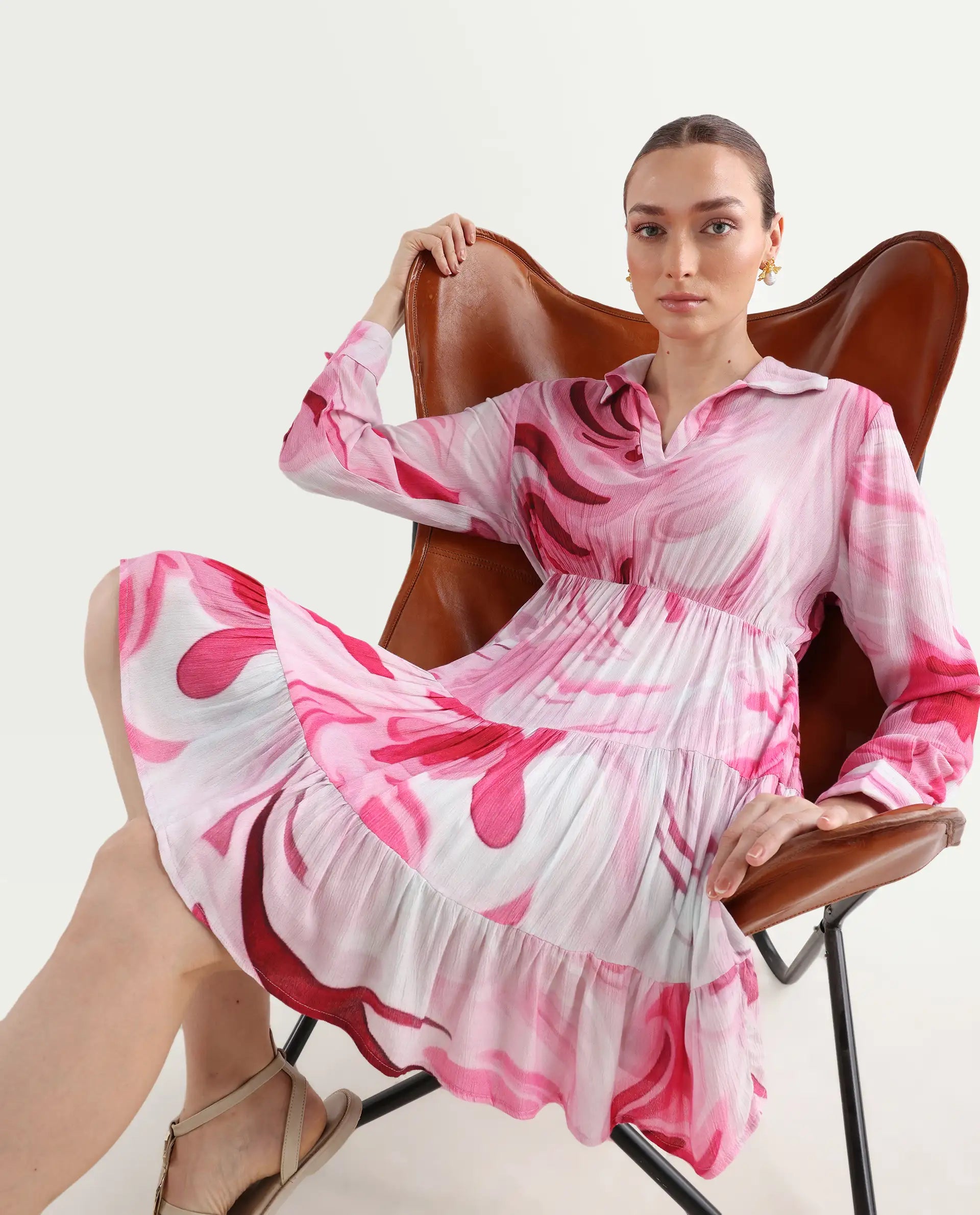 Rareism Women's Foggia Multi Rayon Spread Collar Floral Print Mini Fit And Flare Dress