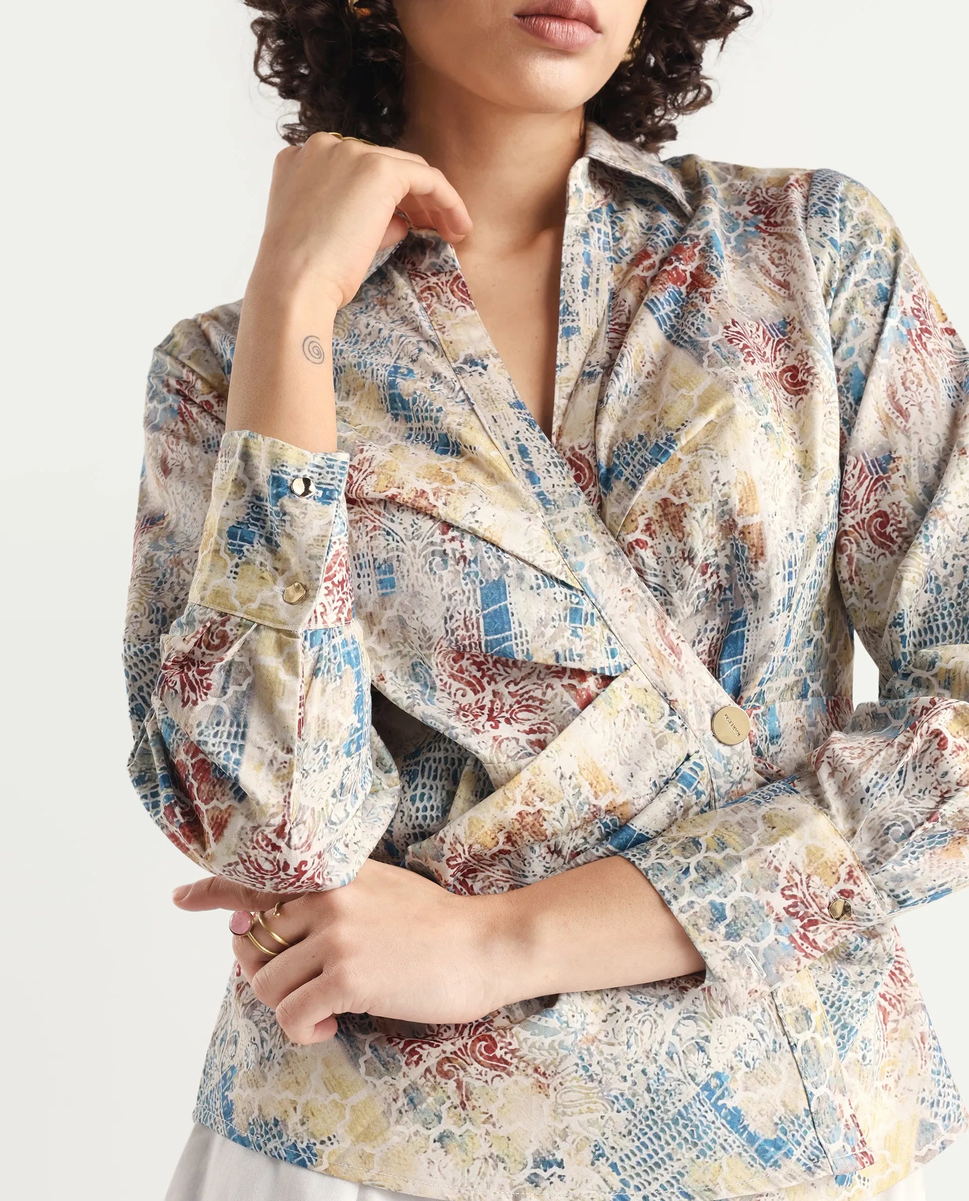 Rareism Women's Foggia Light Multi Cotton Blend Johnny Collar Abstract Print Regular Fit Top