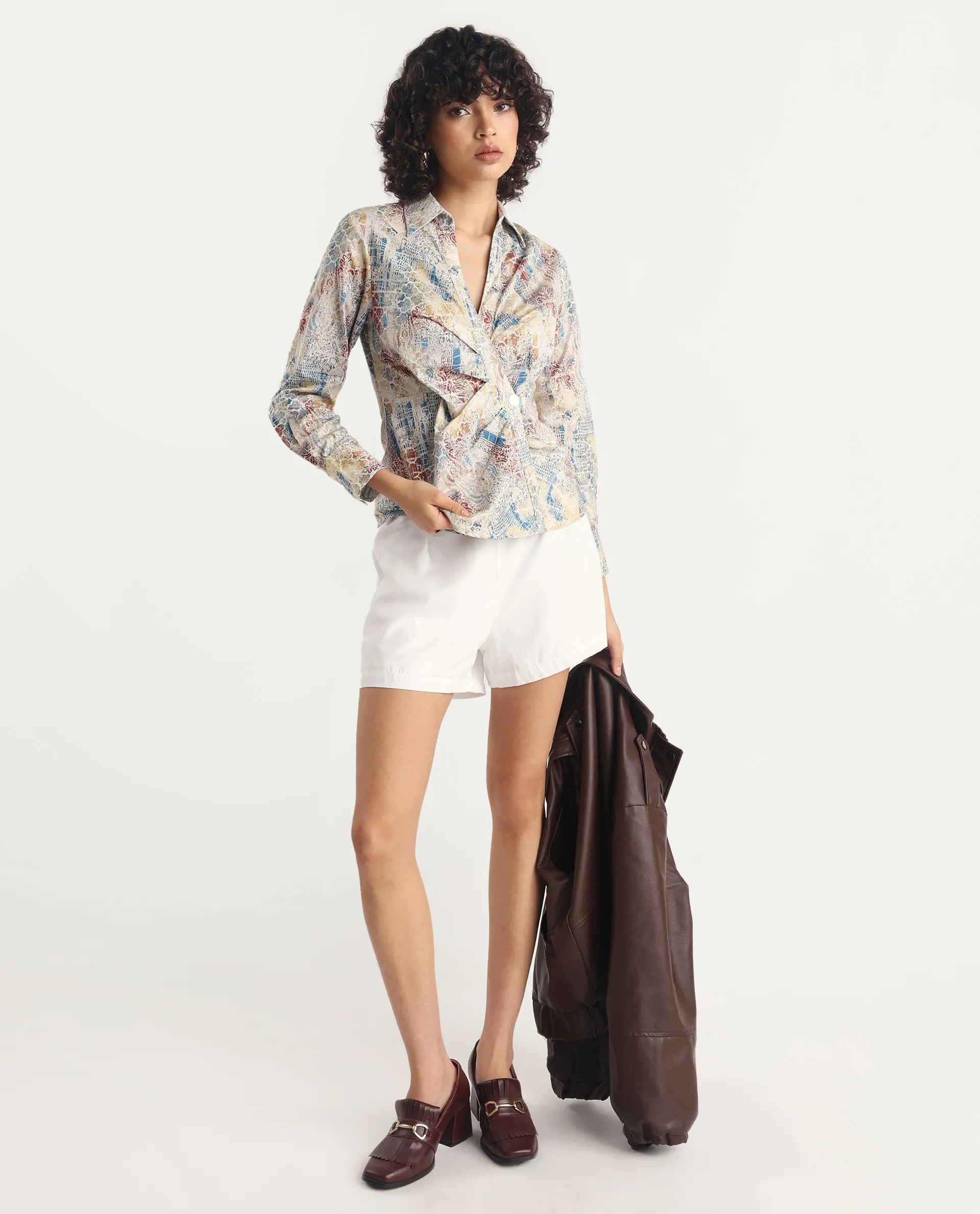 Rareism Women's Foggia Light Multi Cotton Blend Johnny Collar Abstract Print Regular Fit Top