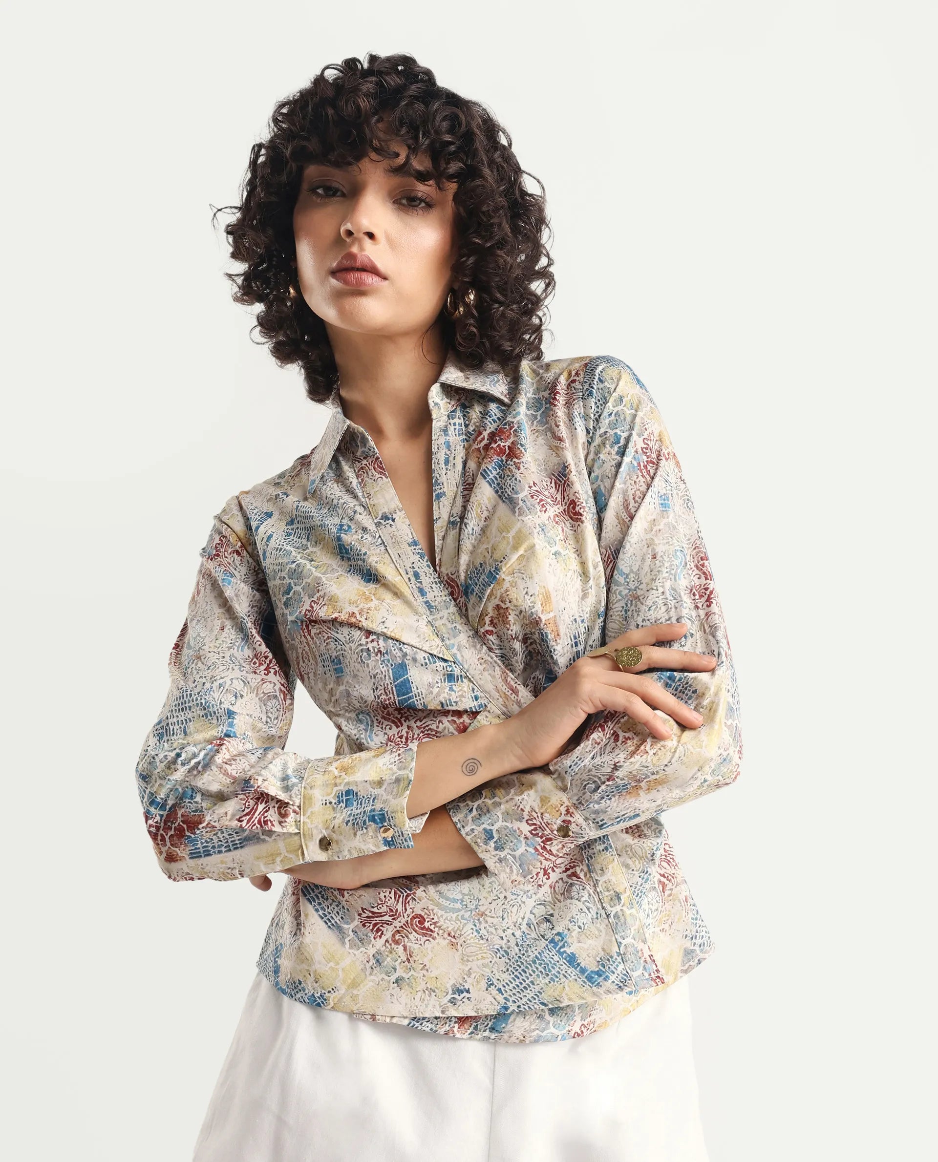 Rareism Women's Foggia Light Multi Cotton Blend Johnny Collar Abstract Print Regular Fit Top