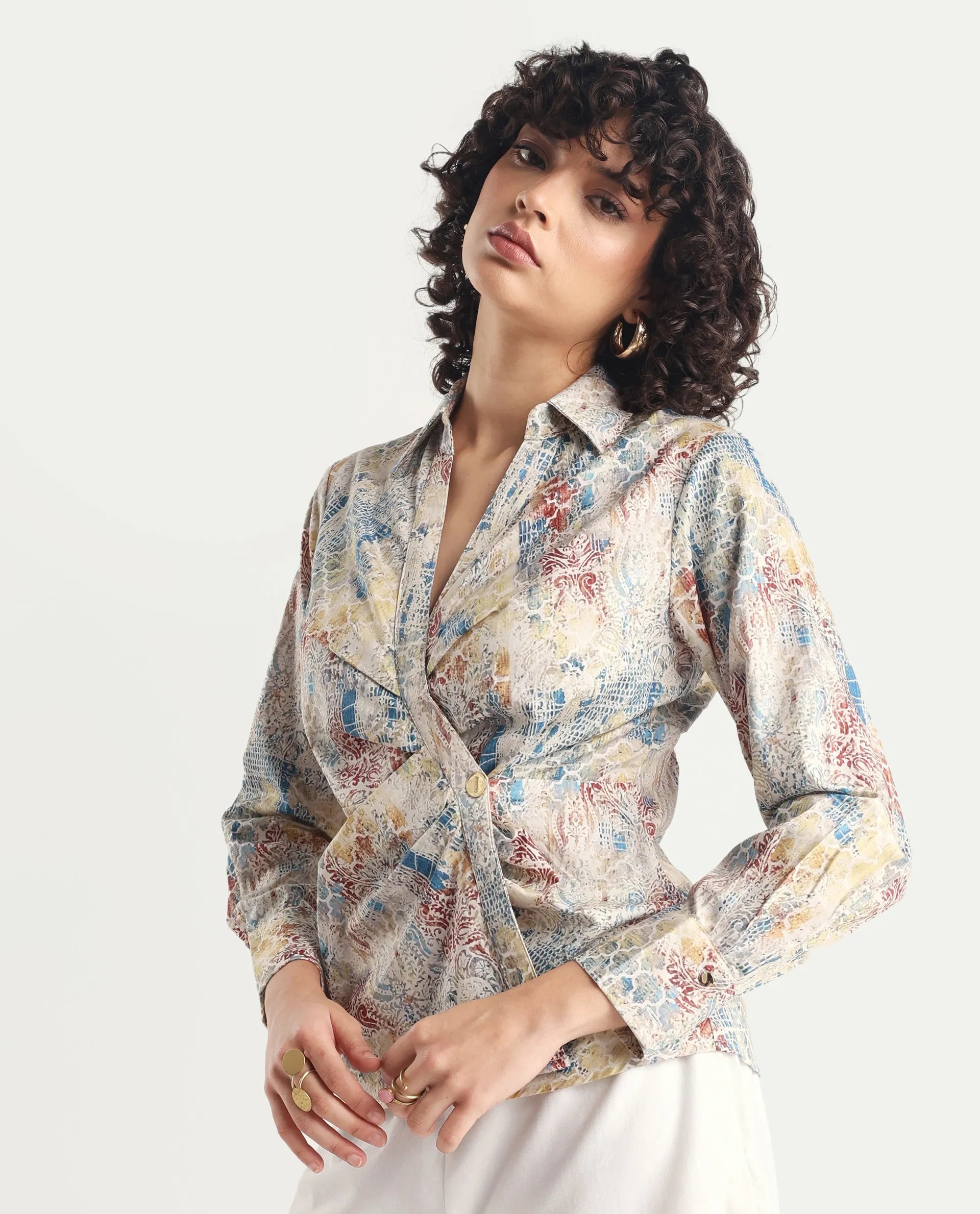 Rareism Women's Foggia Light Multi Cotton Blend Johnny Collar Abstract Print Regular Fit Top