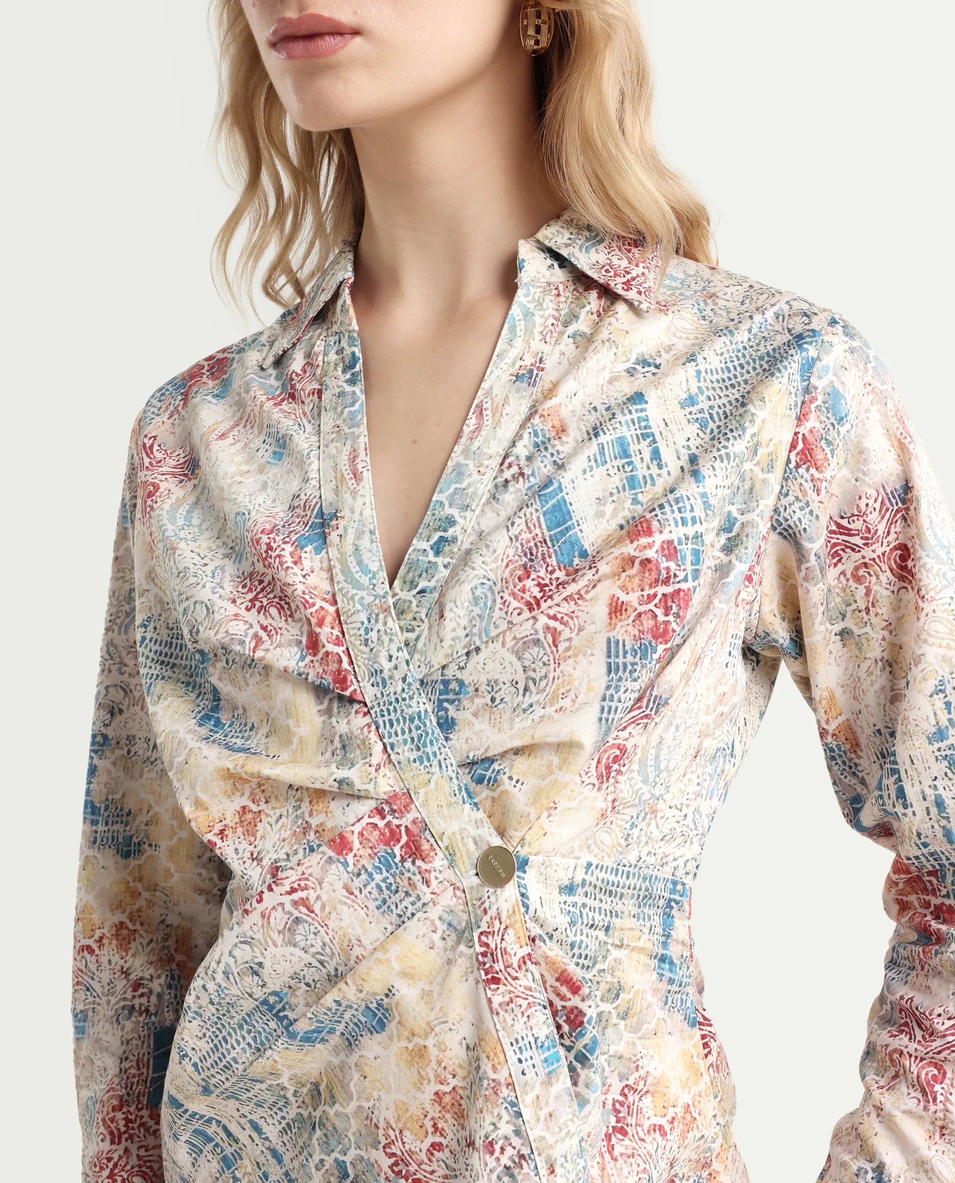 Rareism Women's Foggia Multi Rayon Spread Collar Floral Print Mini Fit And Flare Dress