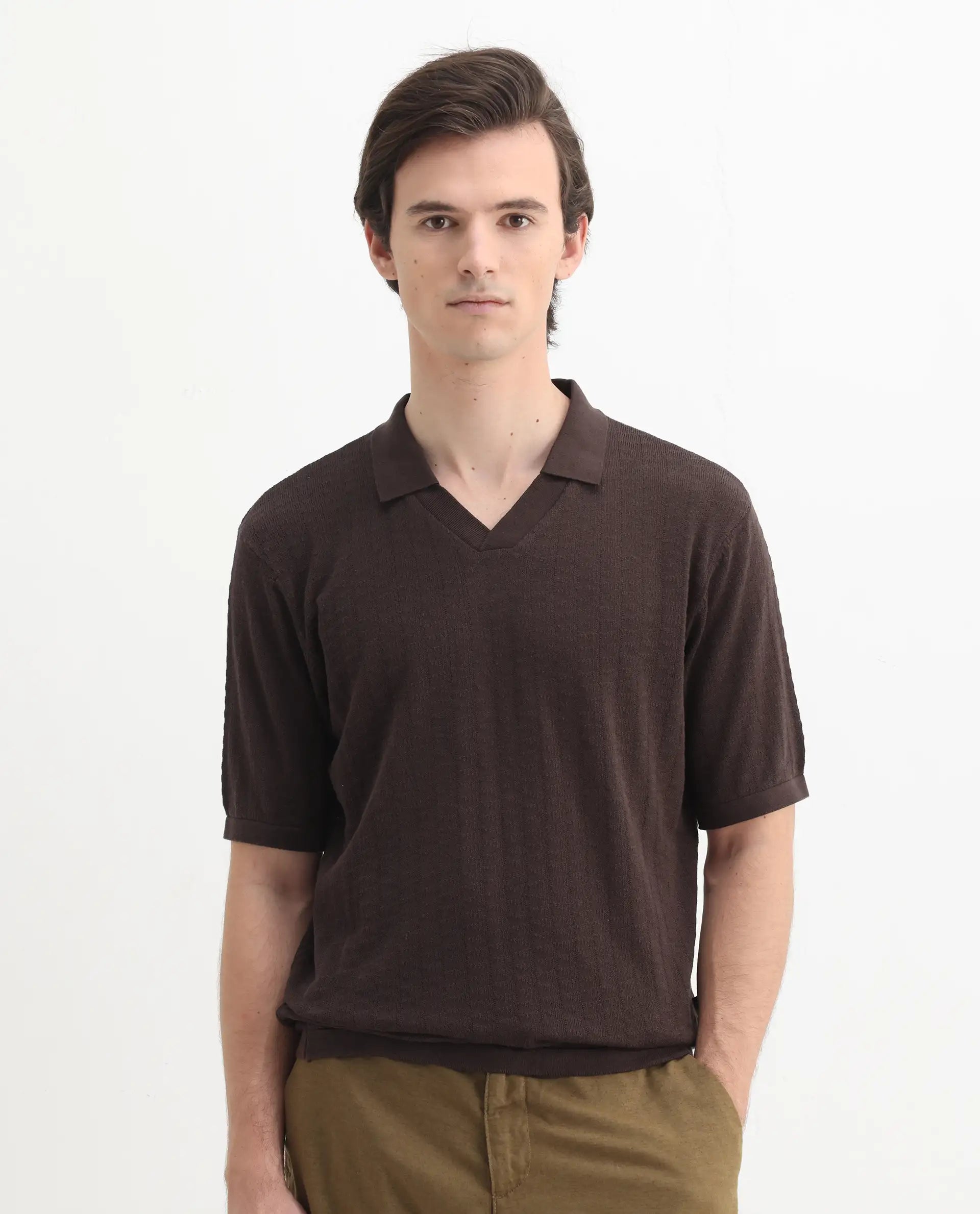 Rare Rabbit Men's Foix Brown Cotton Plain Regular Fit Half Sleeve Polo
