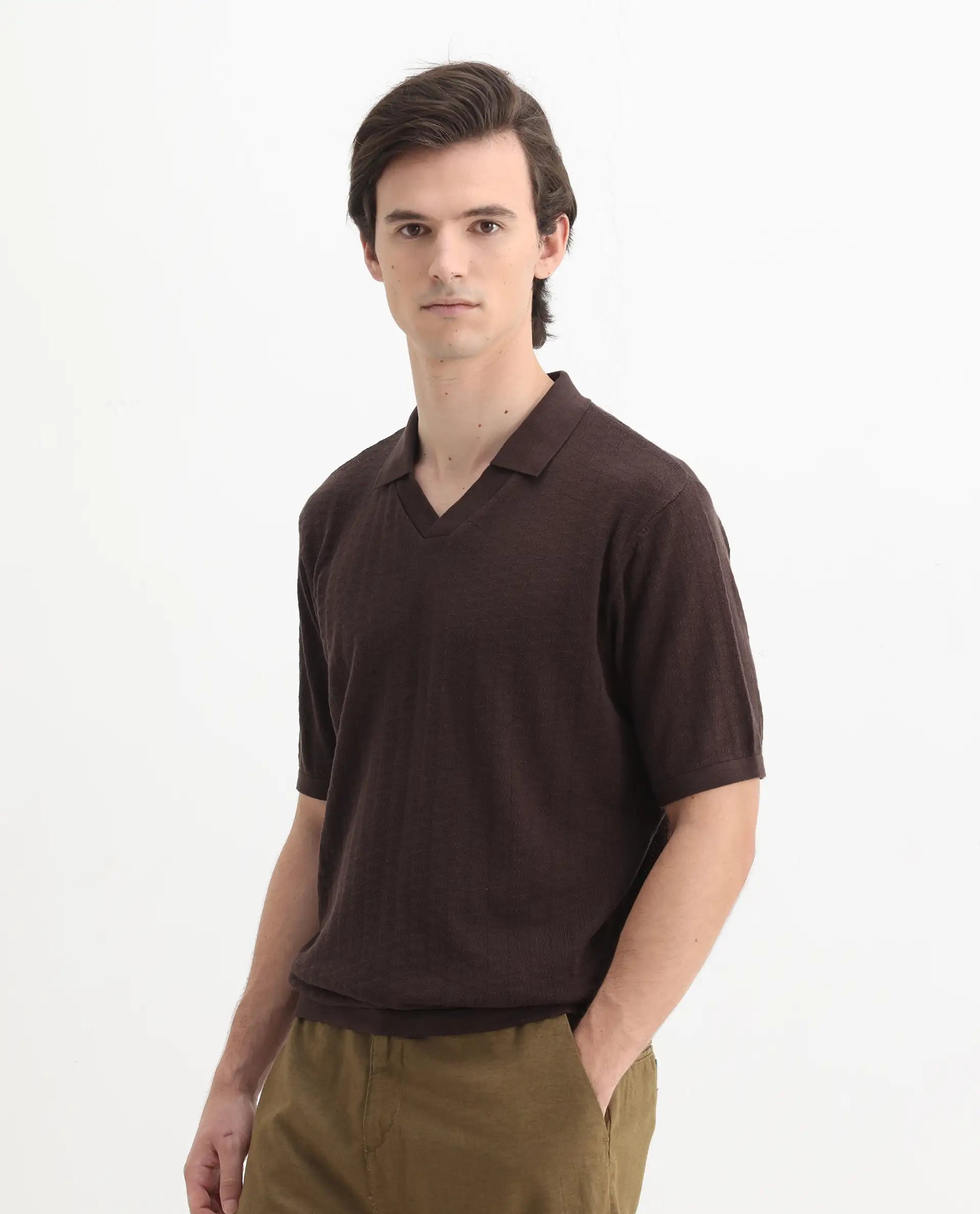 Rare Rabbit Men's Foix Brown Cotton Plain Regular Fit Half Sleeve Polo
