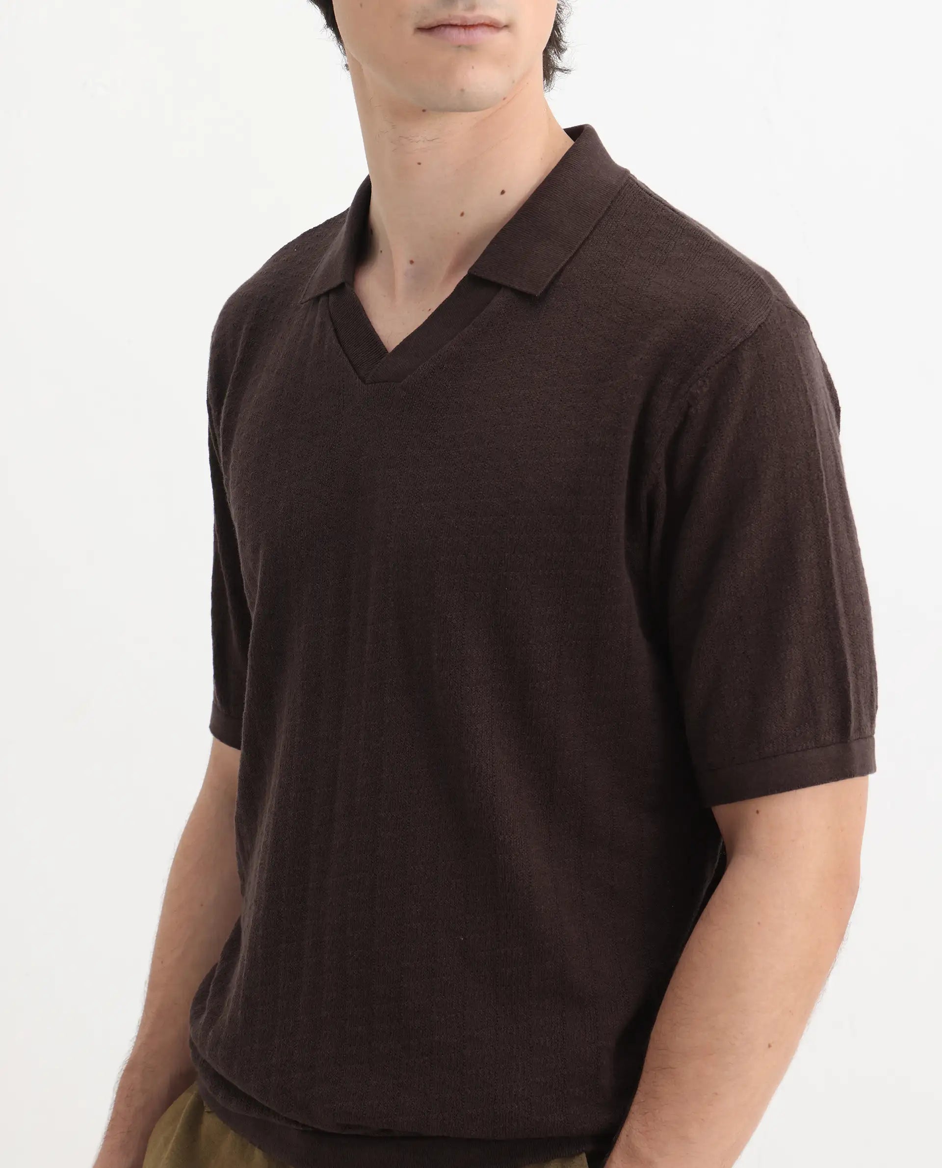 Rare Rabbit Men's Foix Brown Cotton Plain Regular Fit Half Sleeve Polo