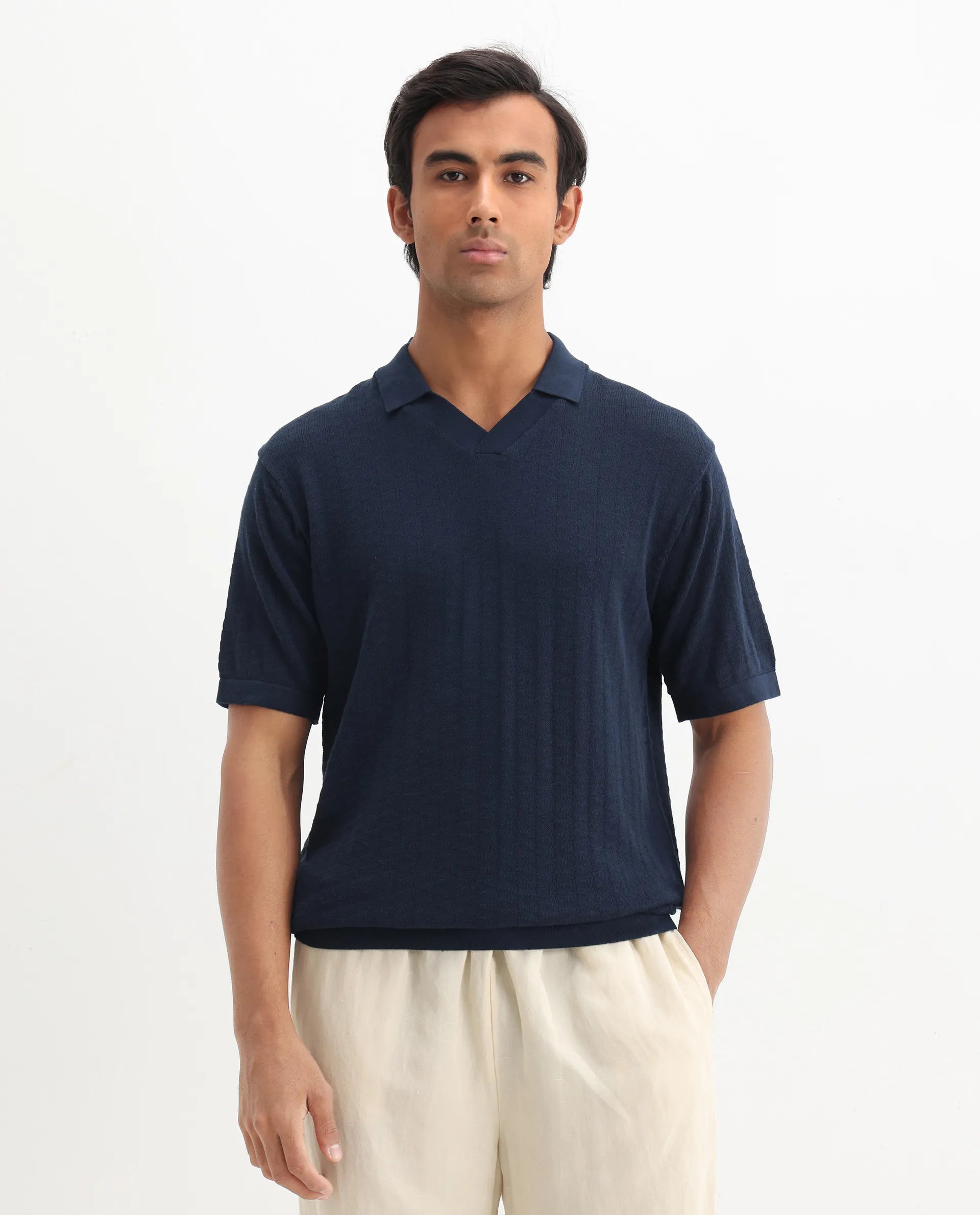 Rare Rabbit Men's Foix Dark Navy Cotton Plain Regular Fit Half Sleeve Polo