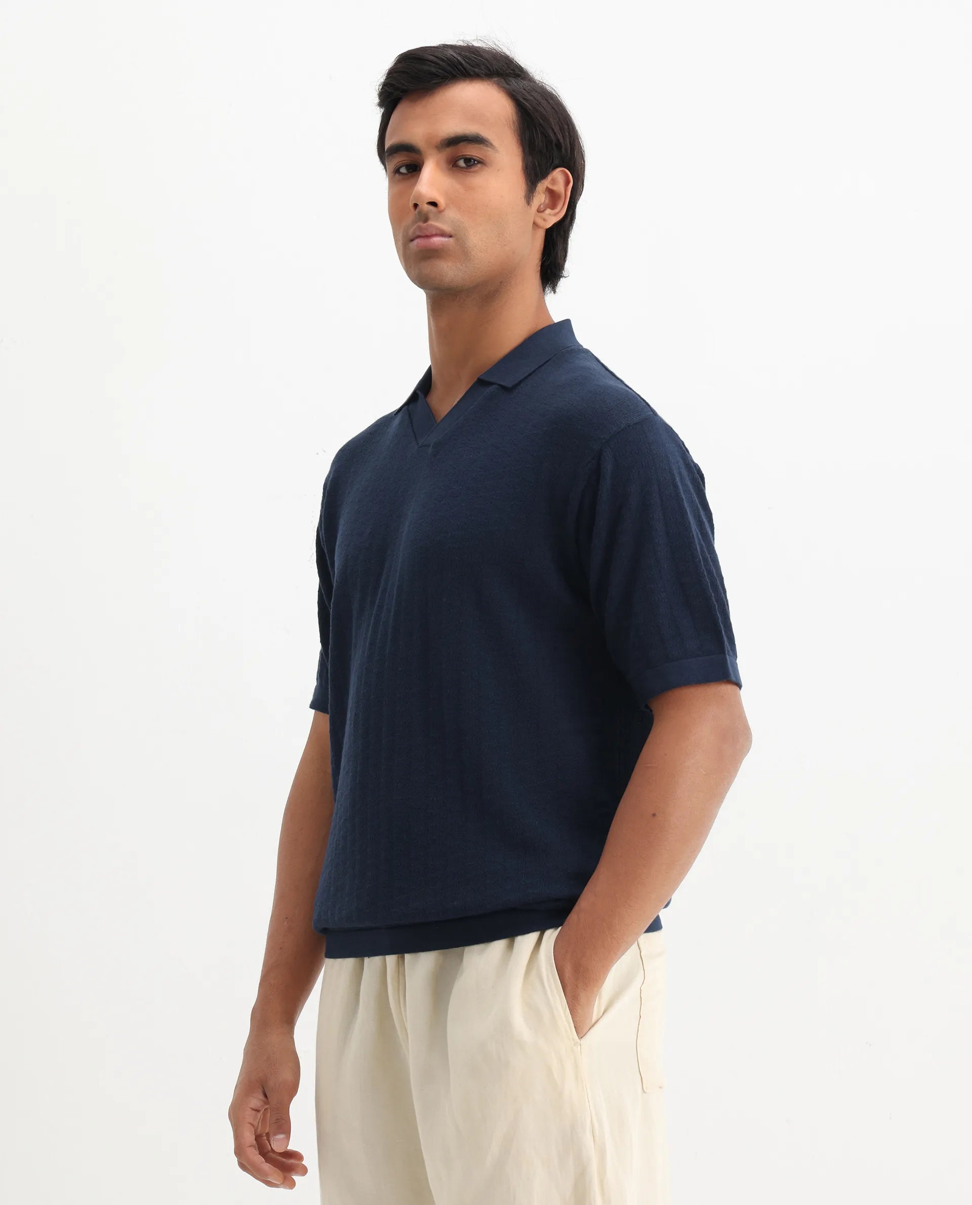 Rare Rabbit Men's Foix Dark Navy Cotton Plain Regular Fit Half Sleeve Polo