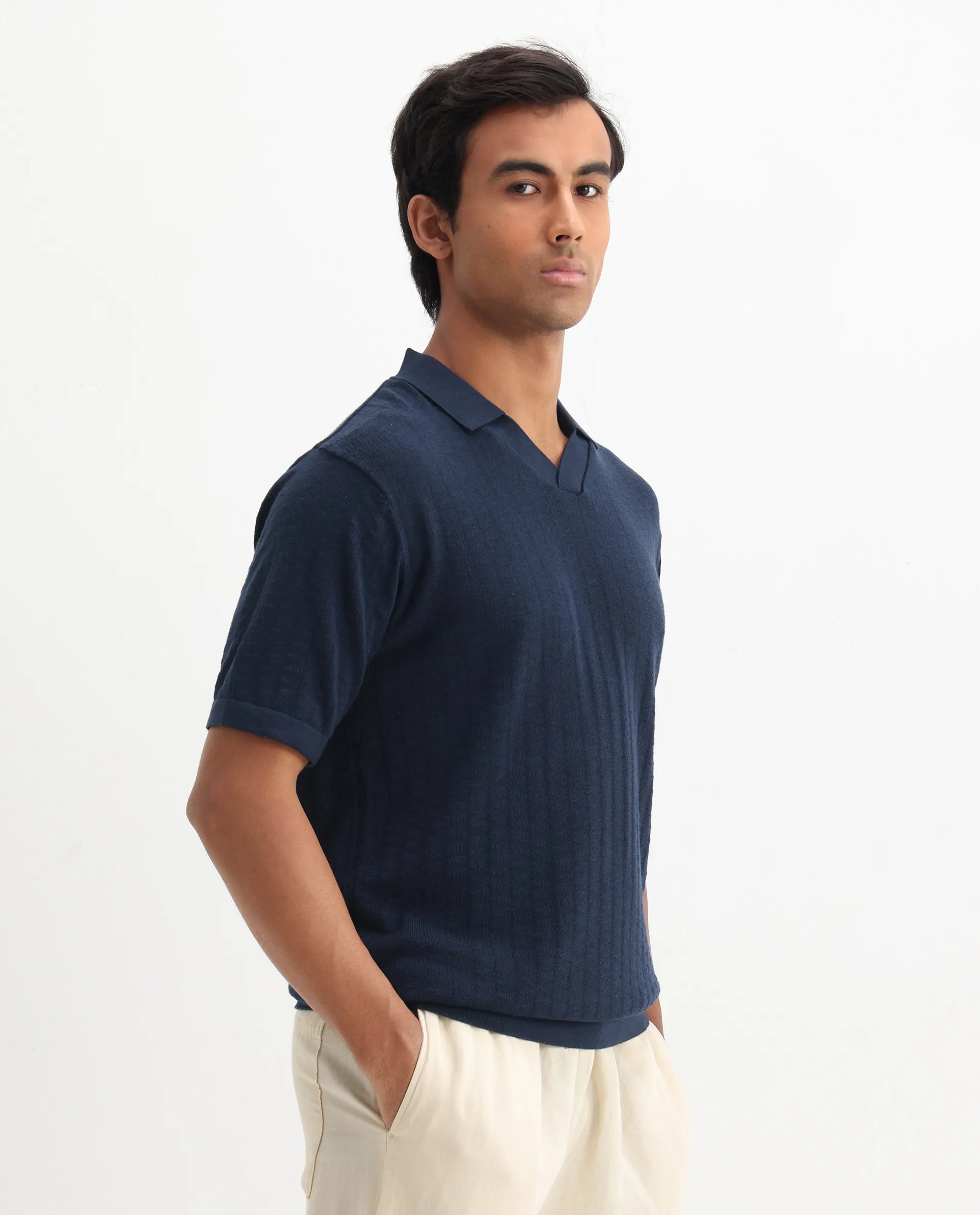 Rare Rabbit Men's Foix Dark Navy Cotton Plain Regular Fit Half Sleeve Polo