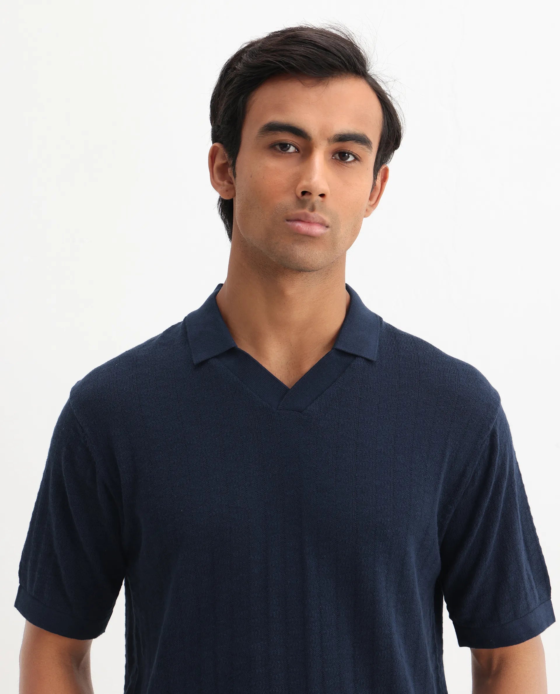 Rare Rabbit Men's Foix Dark Navy Cotton Plain Regular Fit Half Sleeve Polo