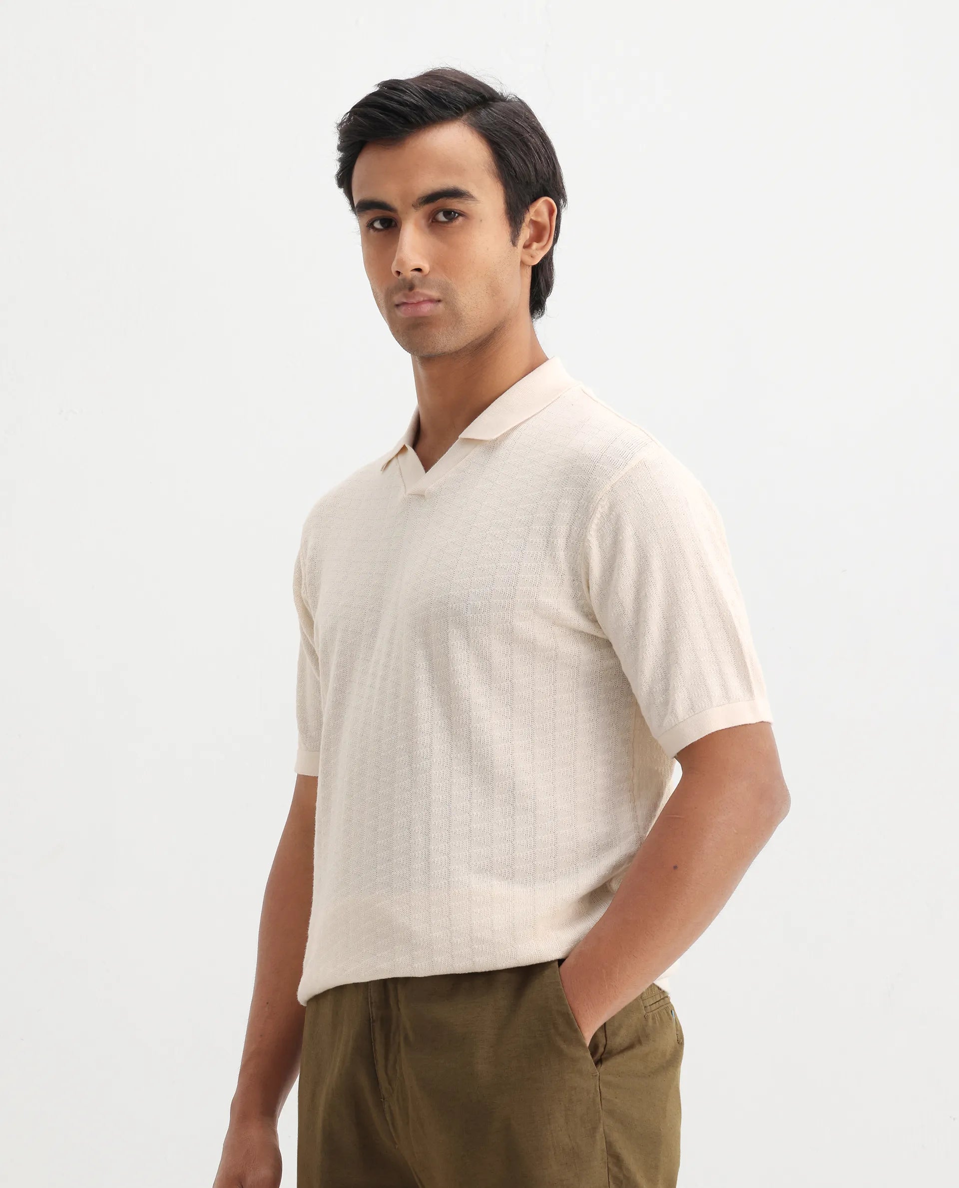 Rare Rabbit Men's Foix Off White Cotton Plain Regular Fit Half Sleeve Polo