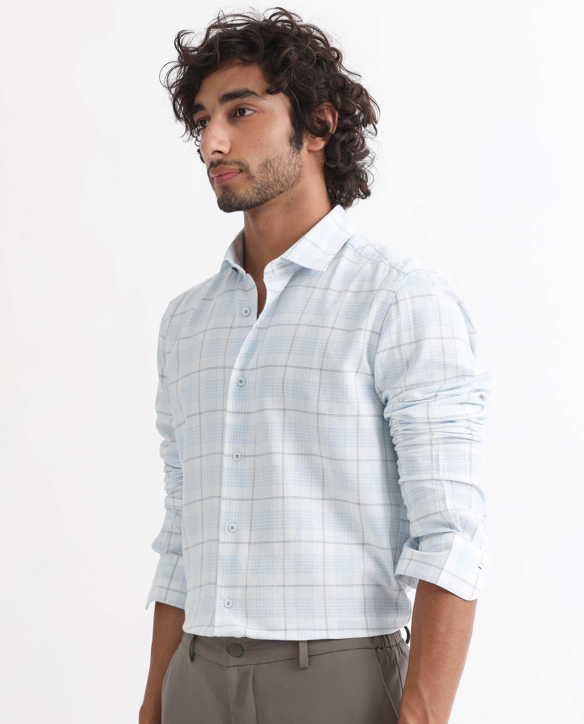 Rare Rabbit Men's Foley Light Blue Cotton Fabric Full Sleeves Dobby Checks Shirt