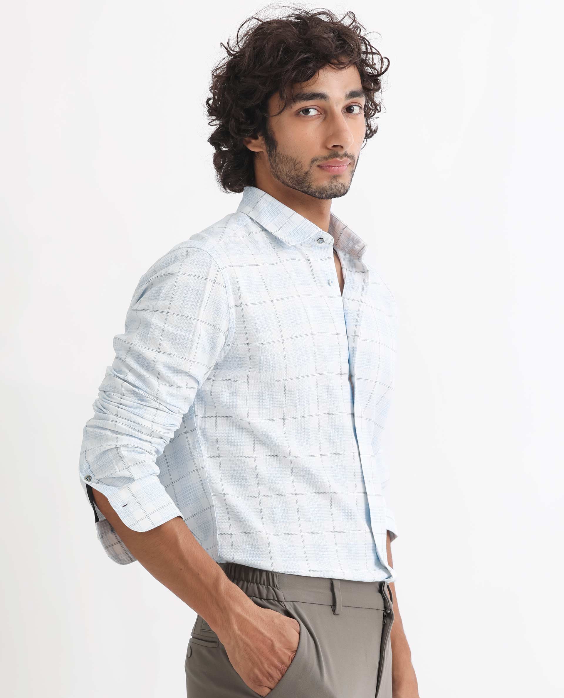 Rare Rabbit Men's Foley Light Blue Cotton Fabric Full Sleeves Dobby Checks Shirt