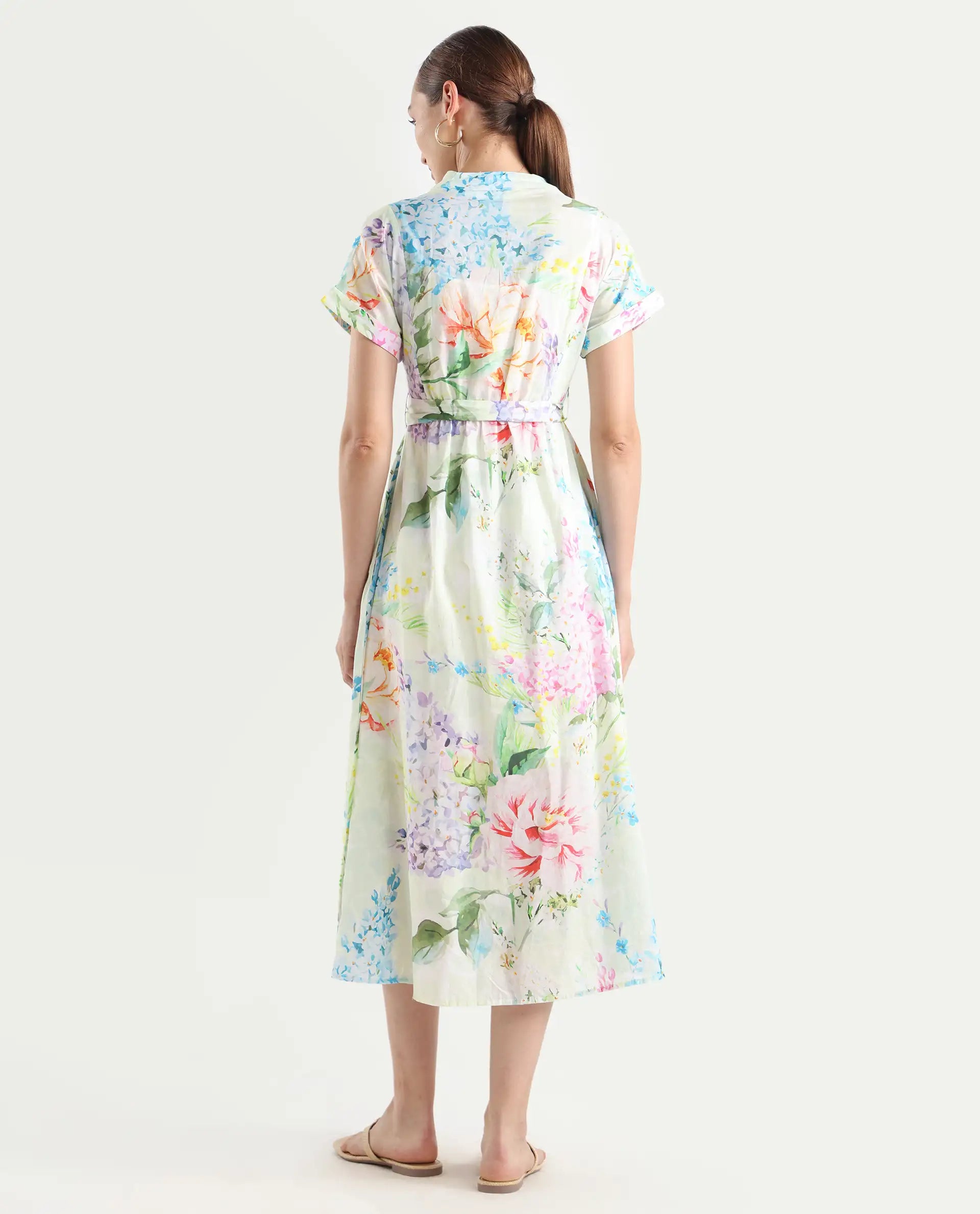 Rareism Women's Fona Multi Cotton V-Neck Floral Print Extended Sleeves Midi A-Line Dress