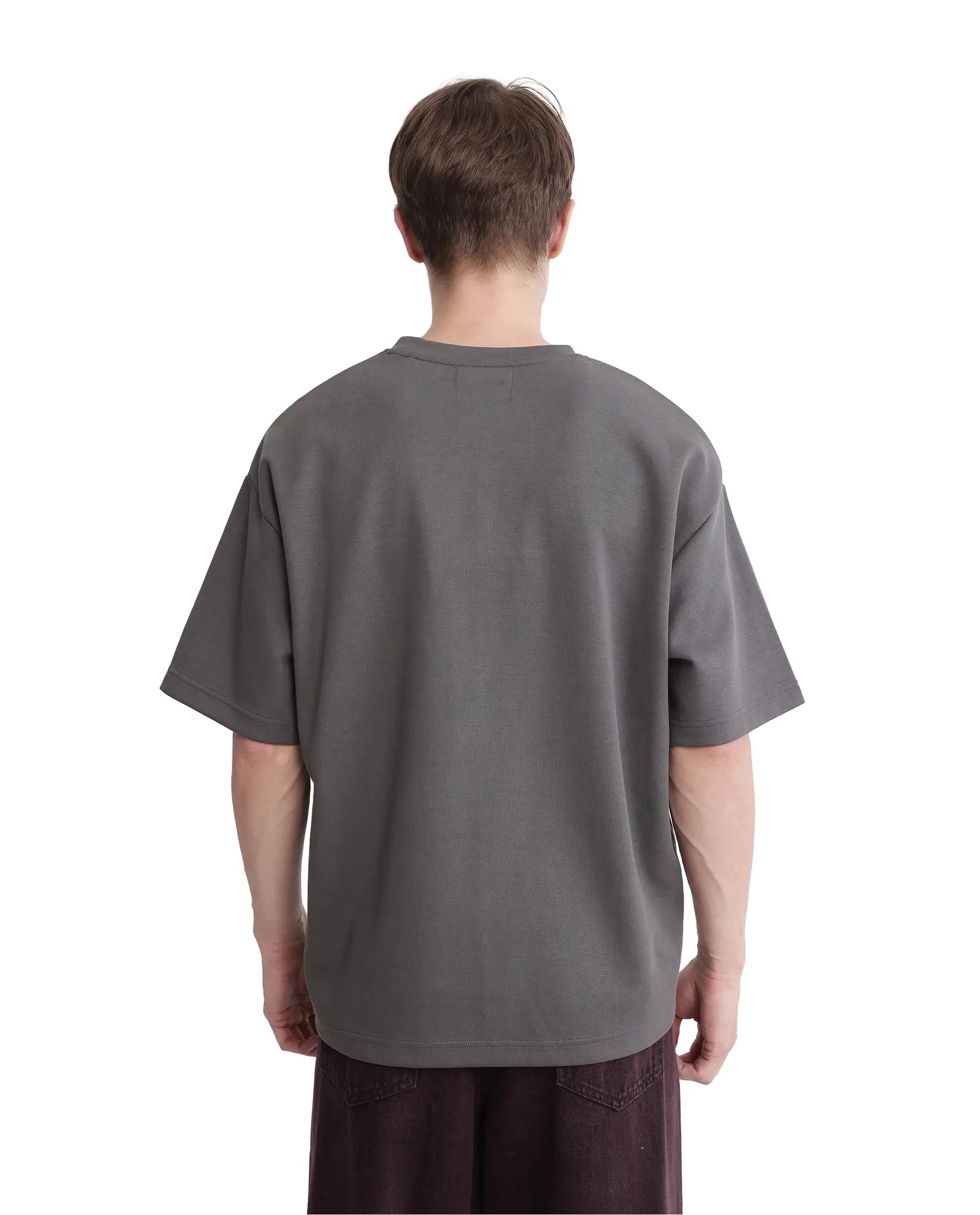 Rare Rabbit Men Fonz Dark Grey Cotton Poly Fabric Short Sleeve Crew Neck Oversized Fit Placement Graphic Print and Label on Chest T-Shirt