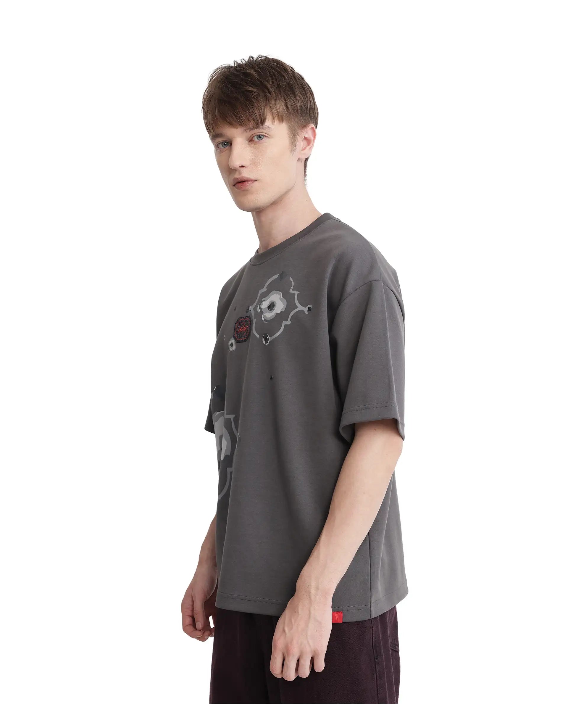 Rare Rabbit Men Fonz Dark Grey Cotton Poly Fabric Short Sleeve Crew Neck Oversized Fit Placement Graphic Print and Label on Chest T-Shirt