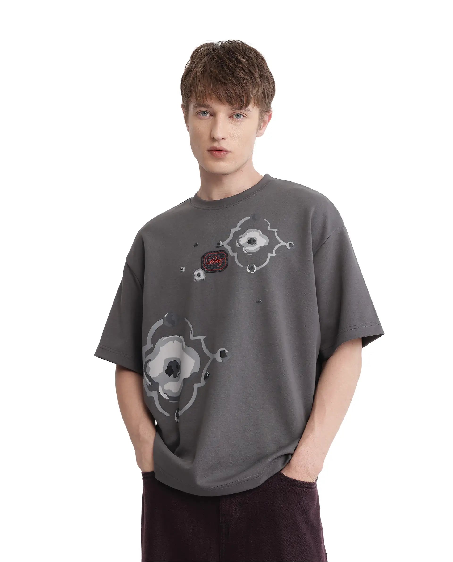 Rare Rabbit Men Fonz Dark Grey Cotton Poly Fabric Short Sleeve Crew Neck Oversized Fit Placement Graphic Print and Label on Chest T-Shirt