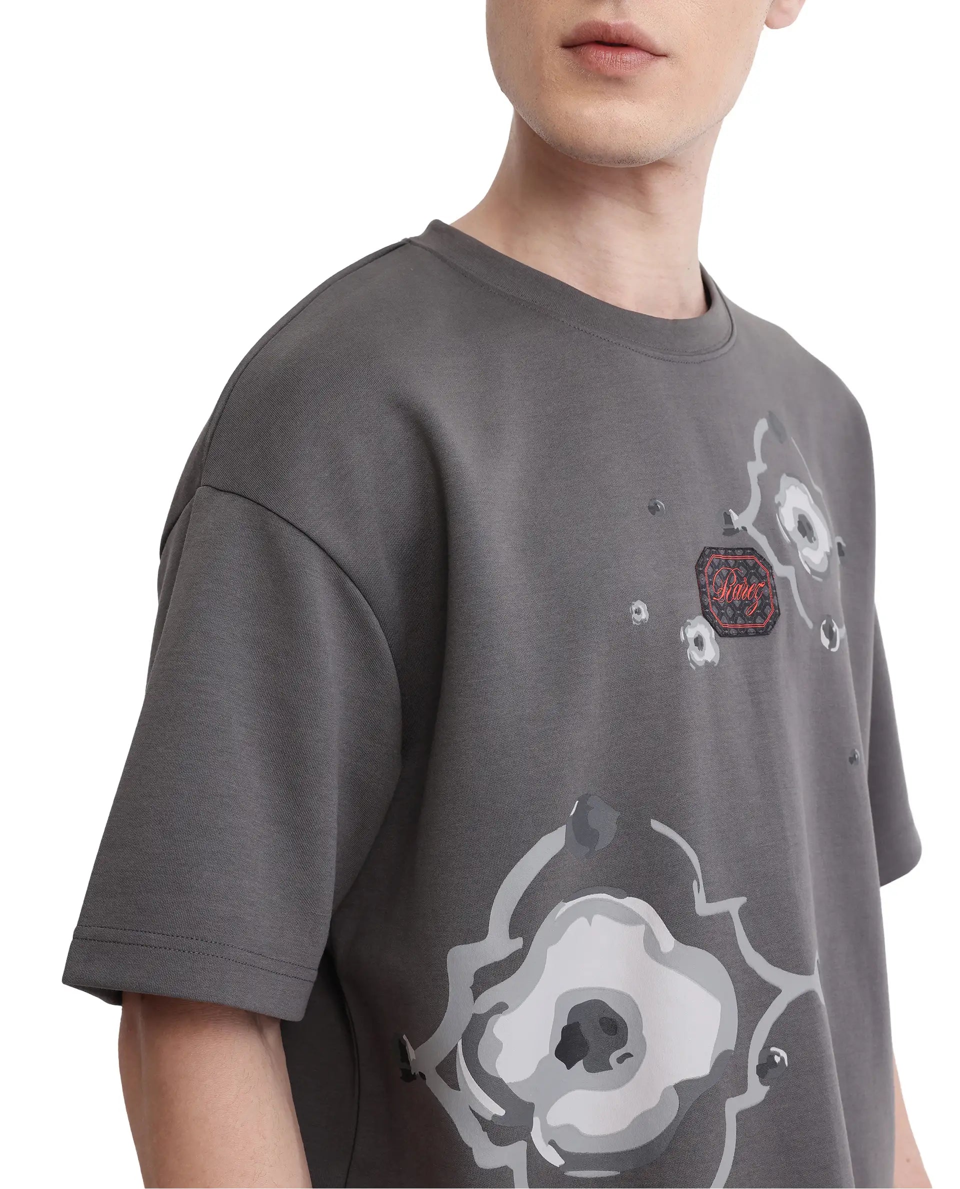 Rare Rabbit Men Fonz Dark Grey Cotton Poly Fabric Short Sleeve Crew Neck Oversized Fit Placement Graphic Print and Label on Chest T-Shirt