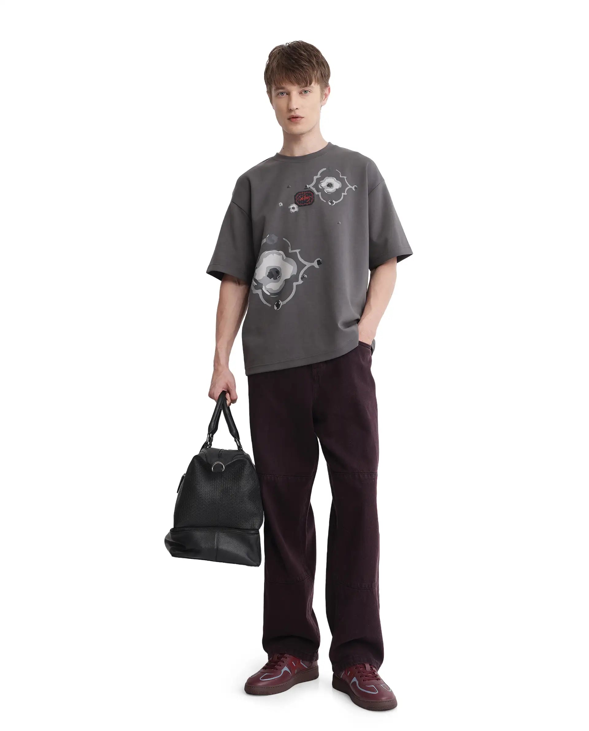 Rare Rabbit Men Fonz Dark Grey Cotton Poly Fabric Short Sleeve Crew Neck Oversized Fit Placement Graphic Print and Label on Chest T-Shirt