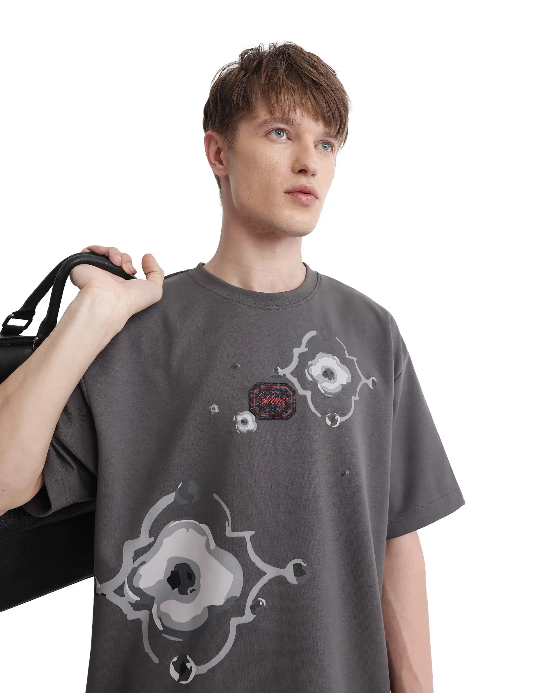 Rare Rabbit Men Fonz Dark Grey Cotton Poly Fabric Short Sleeve Crew Neck Oversized Fit Placement Graphic Print and Label on Chest T-Shirt