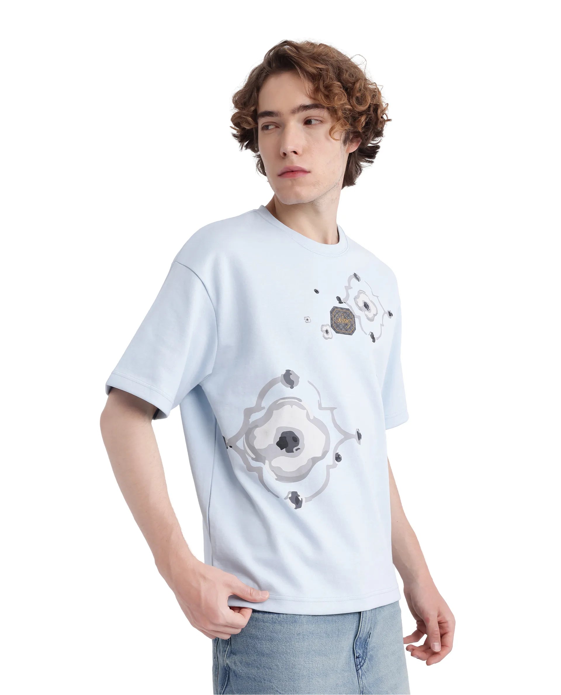 Rare Rabbit Men Fonz Light Blue Cotton Poly Fabric Short Sleeve Crew Neck Oversized Fit Placement Graphic Print and Label on Chest T-Shirt