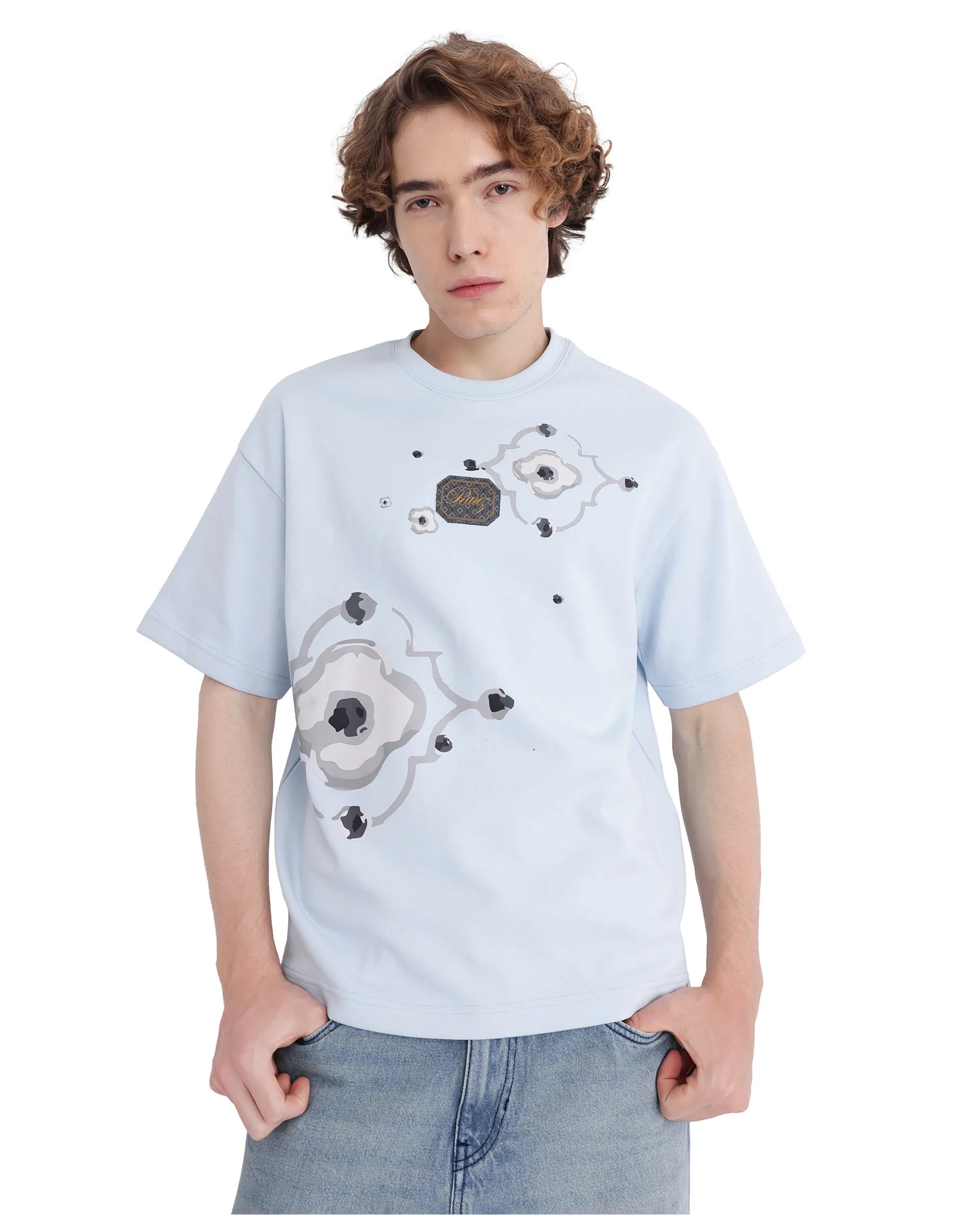 Rare Rabbit Men Fonz Light Blue Cotton Poly Fabric Short Sleeve Crew Neck Oversized Fit Placement Graphic Print and Label on Chest T-Shirt