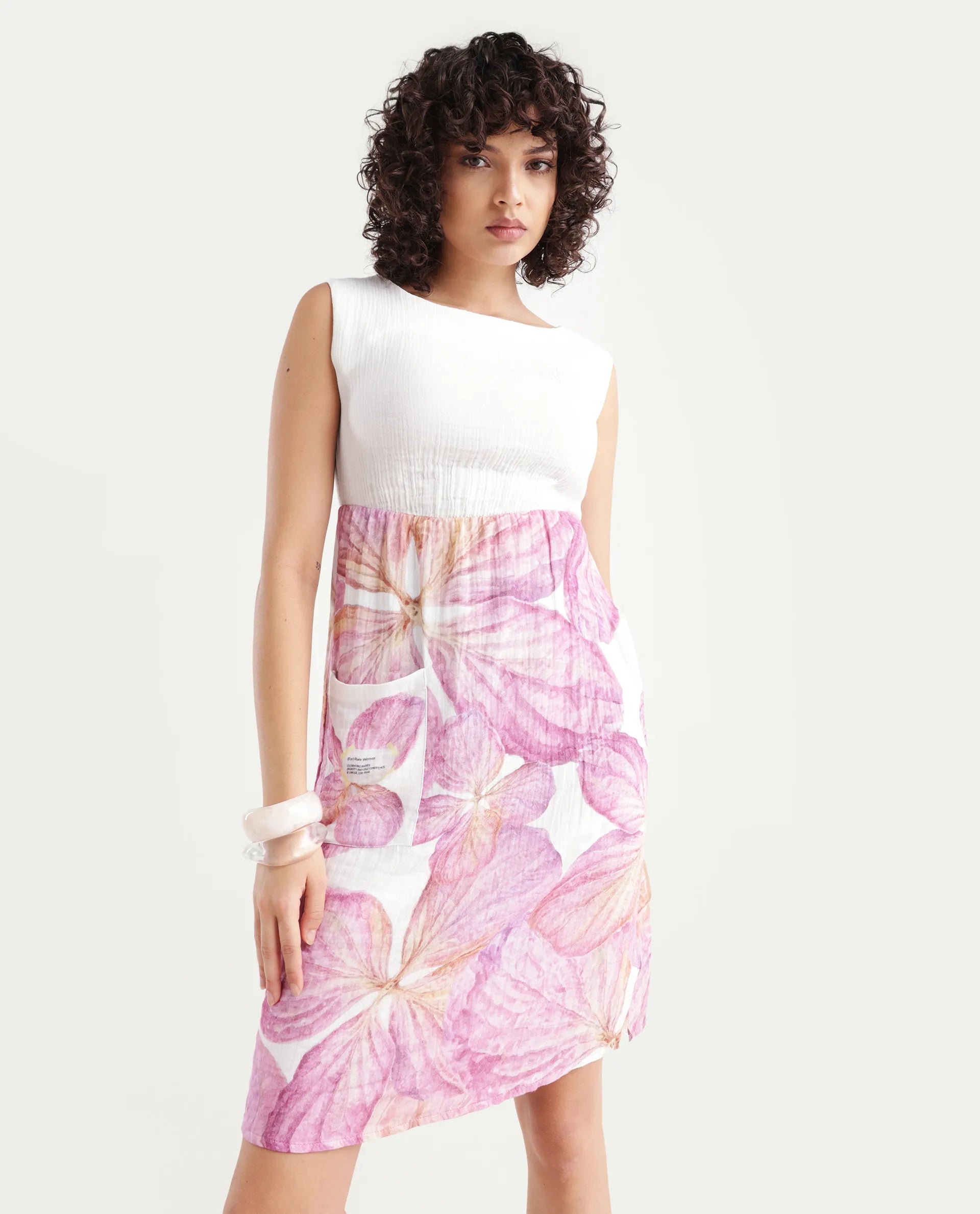 Rareism Women's Fopik Light Multi Cotton Crew Neck Floral Print Sleeveless Knee Length Fit And Flare Dress