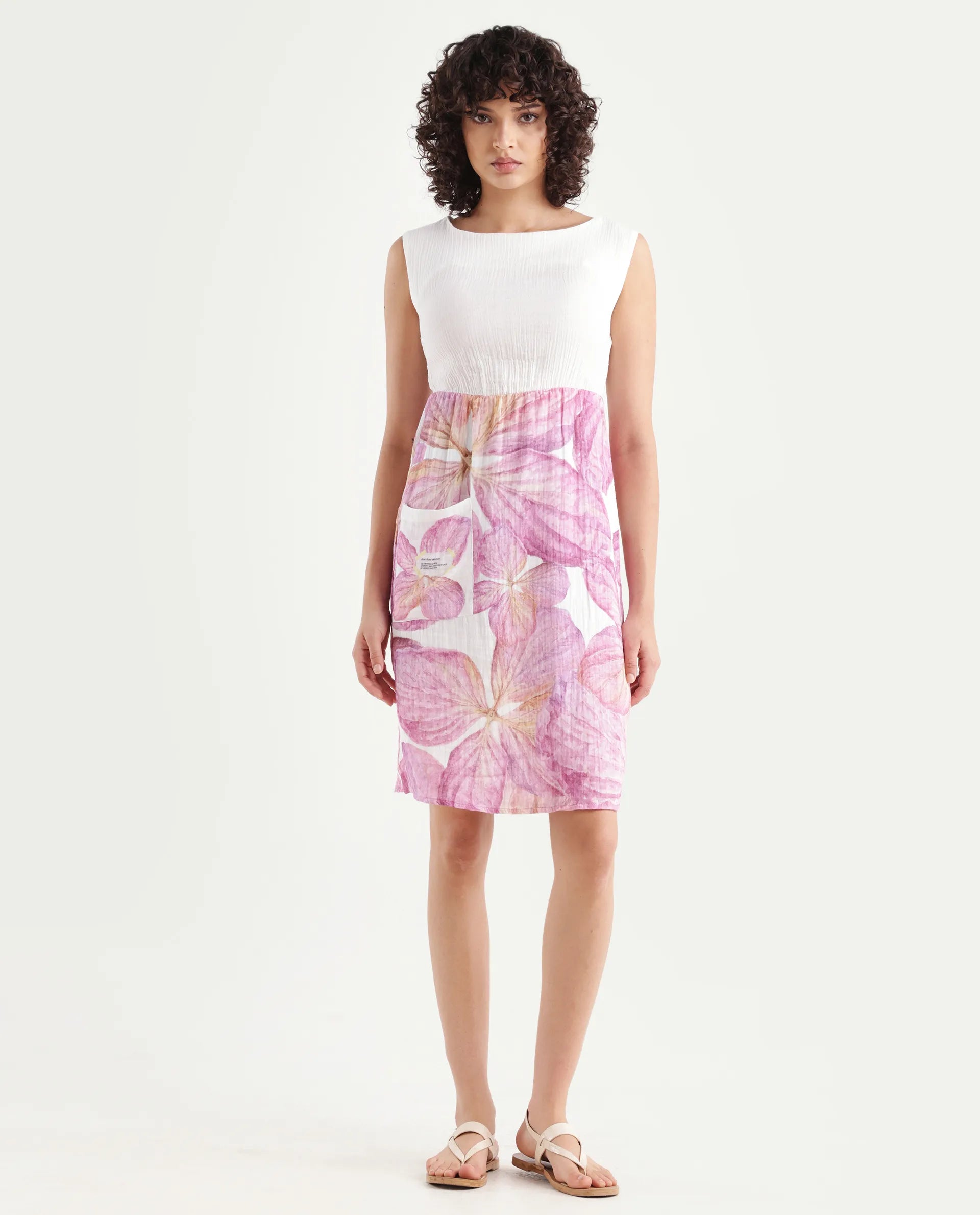 Rareism Women's Fopik Light Multi Cotton Crew Neck Floral Print Sleeveless Knee Length Fit And Flare Dress